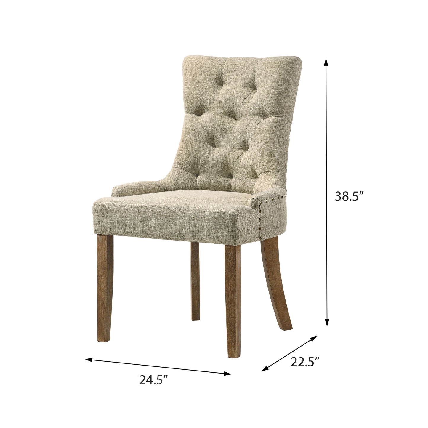 Tufted fabric dining chair in beige with nailhead trim and wooden legs