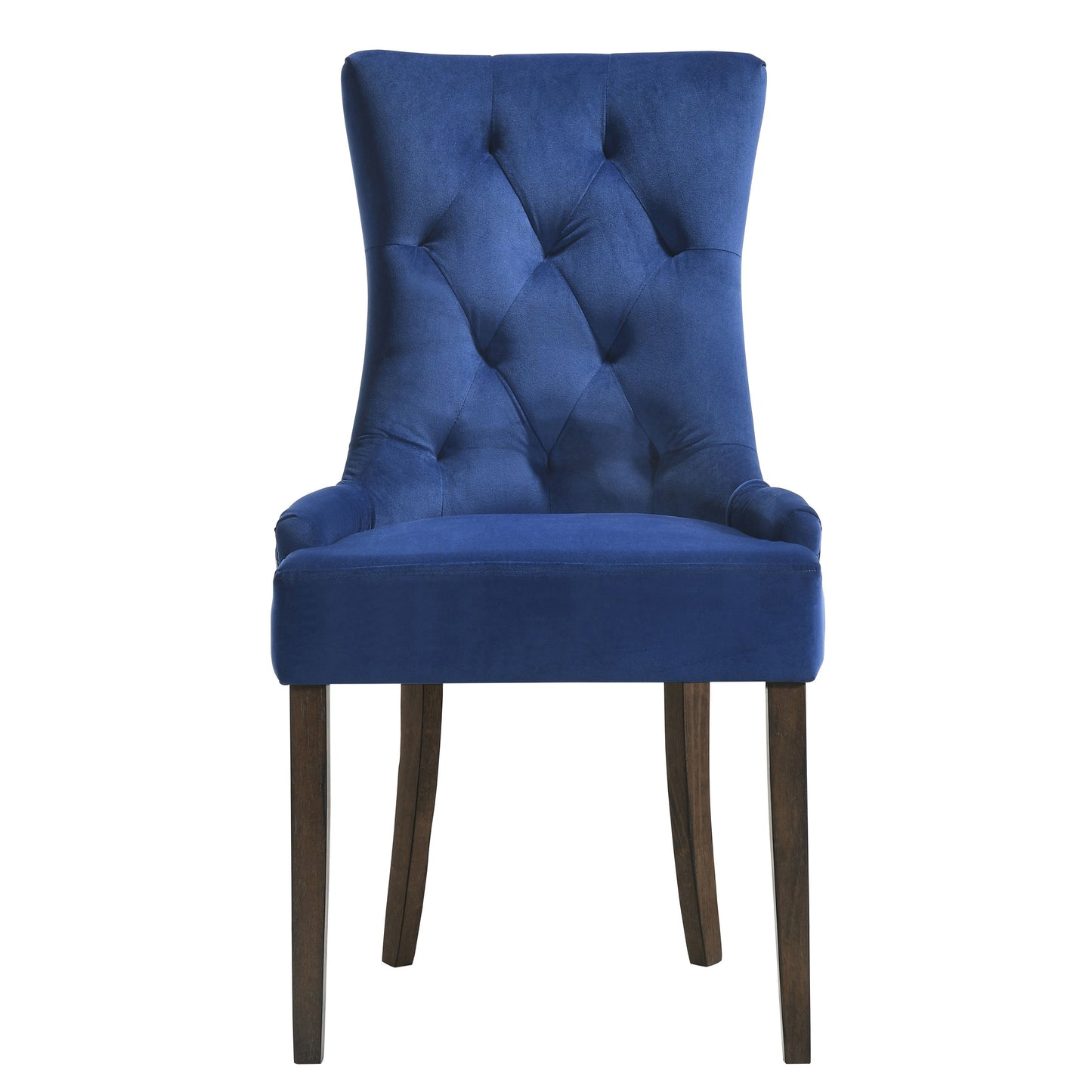 Deep blue velvet dining chair with tufted back and dark wood legs