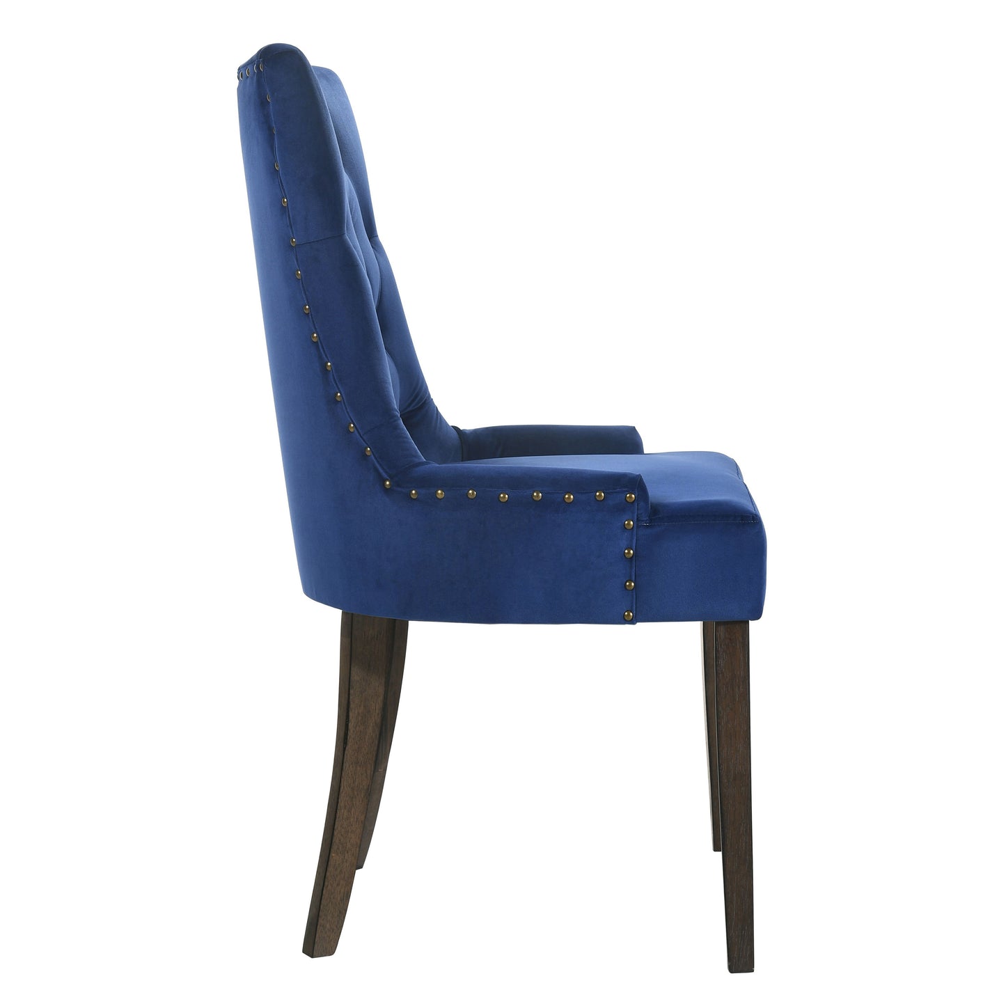 Side profile of a luxurious navy blue velvet accent chair with tufted back and gold nailhead trim