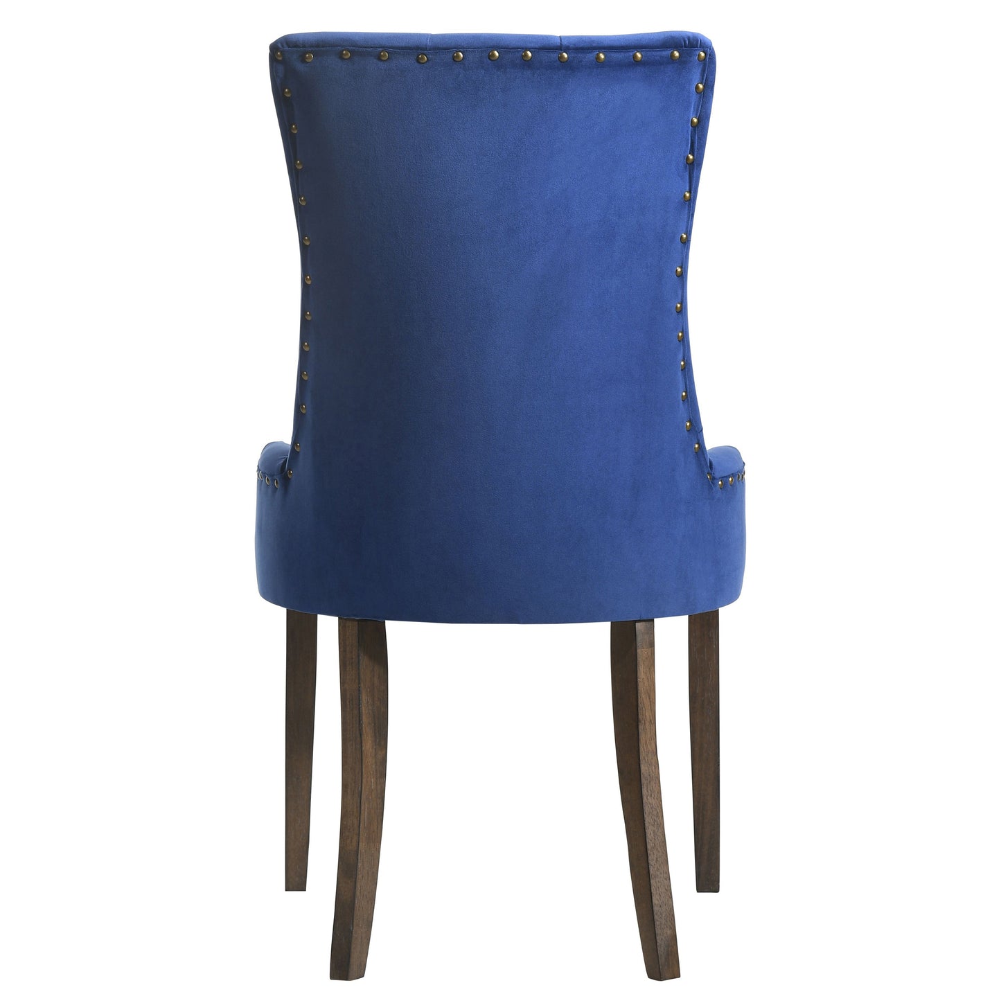 Deep blue velvet dining chair with nailhead trim and dark wood legs