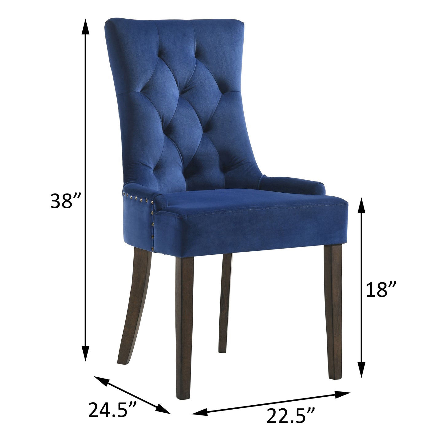 Deep blue velvet dining chair with tufted back and decorative nailhead trim