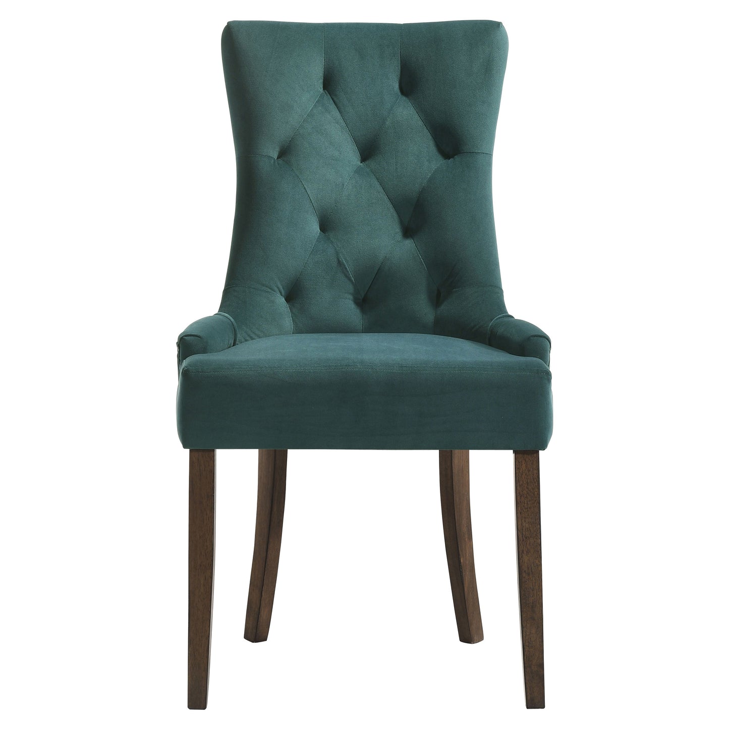 Tufted teal velvet dining chair with dark wood legs elegant button accents
