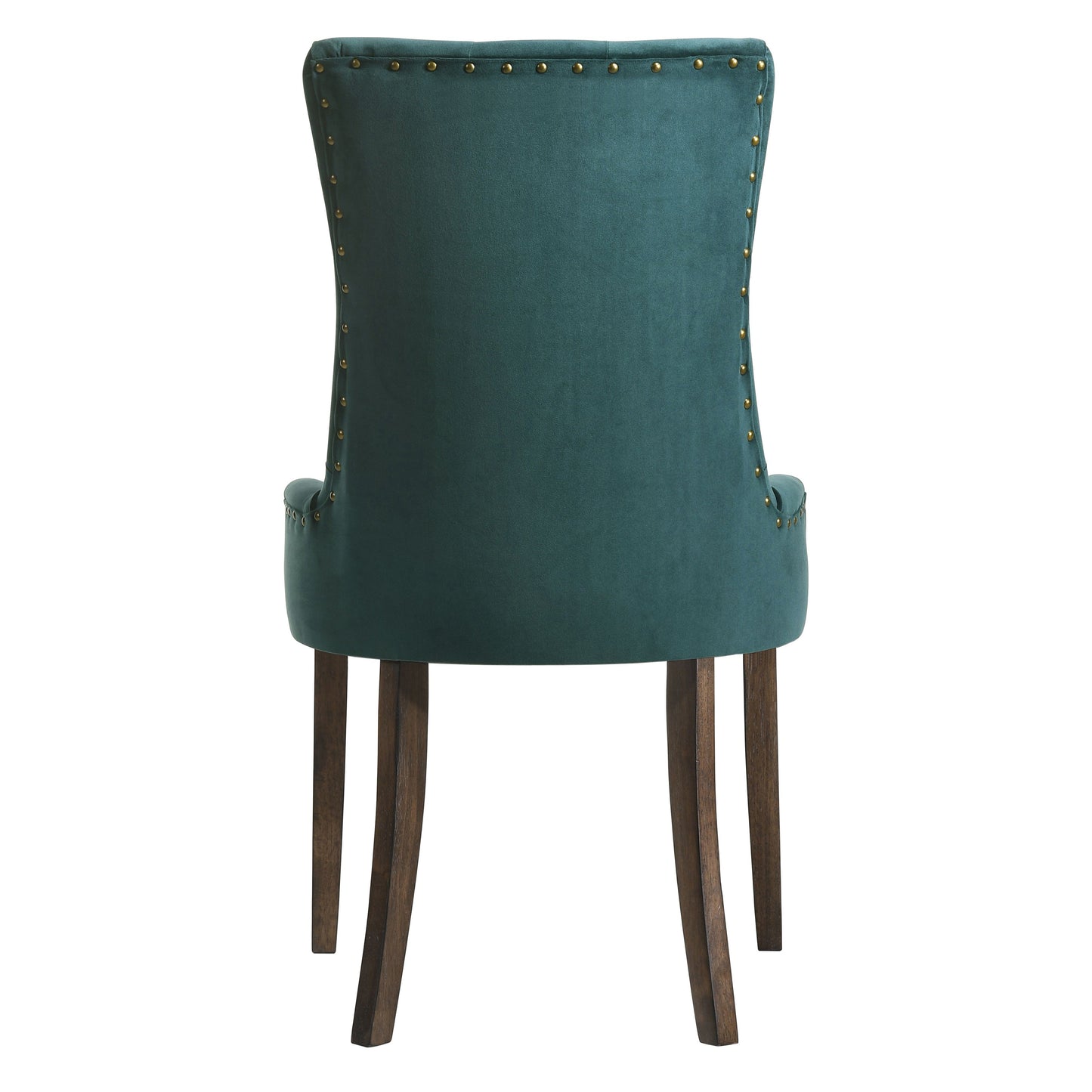 Emerald velvet wingback chair with brass nailhead trim and dark wooden legs