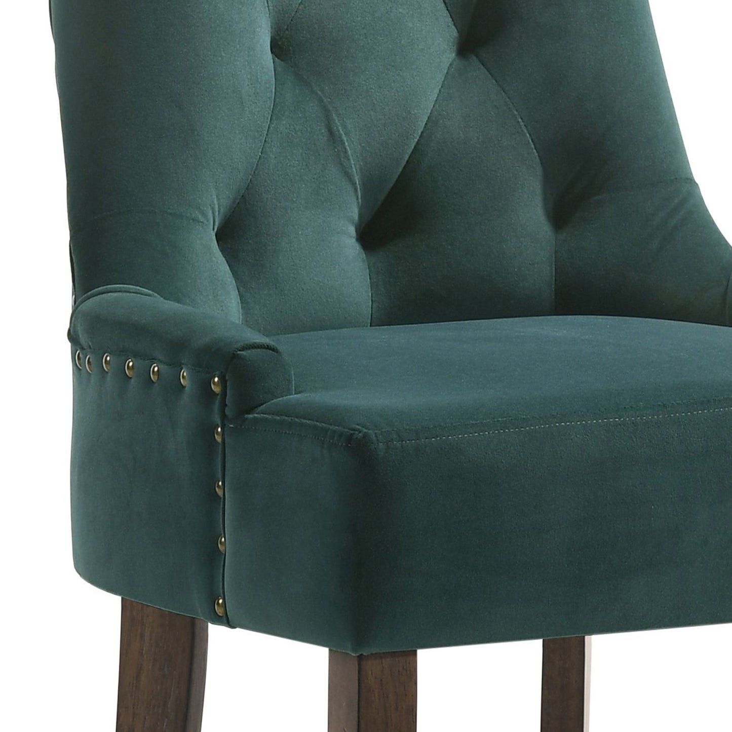 Deep teal velvet bar stool with diamond tufting and antique brass nailhead trim