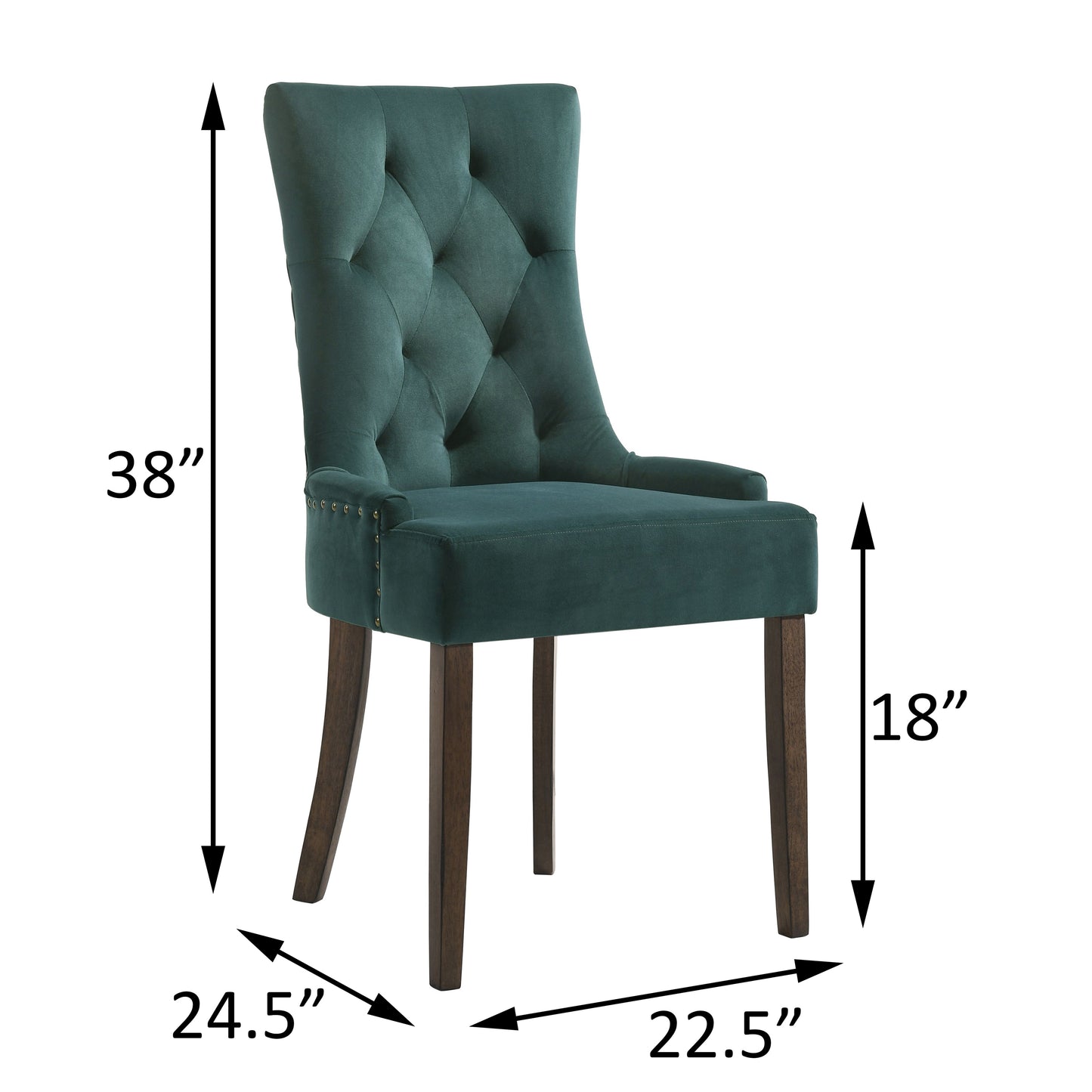 Deep teal velvet dining chair with tufted back and brass nailhead trim