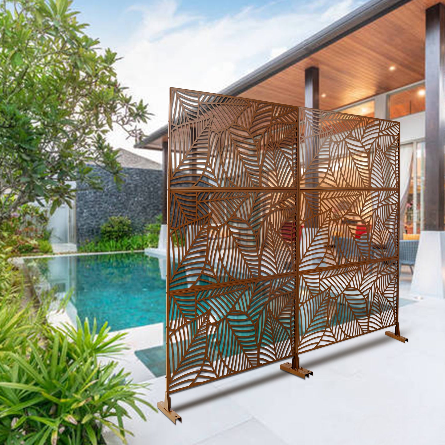 Brown metal garden screen with intricate leaf pattern ideal for outdoor privacy