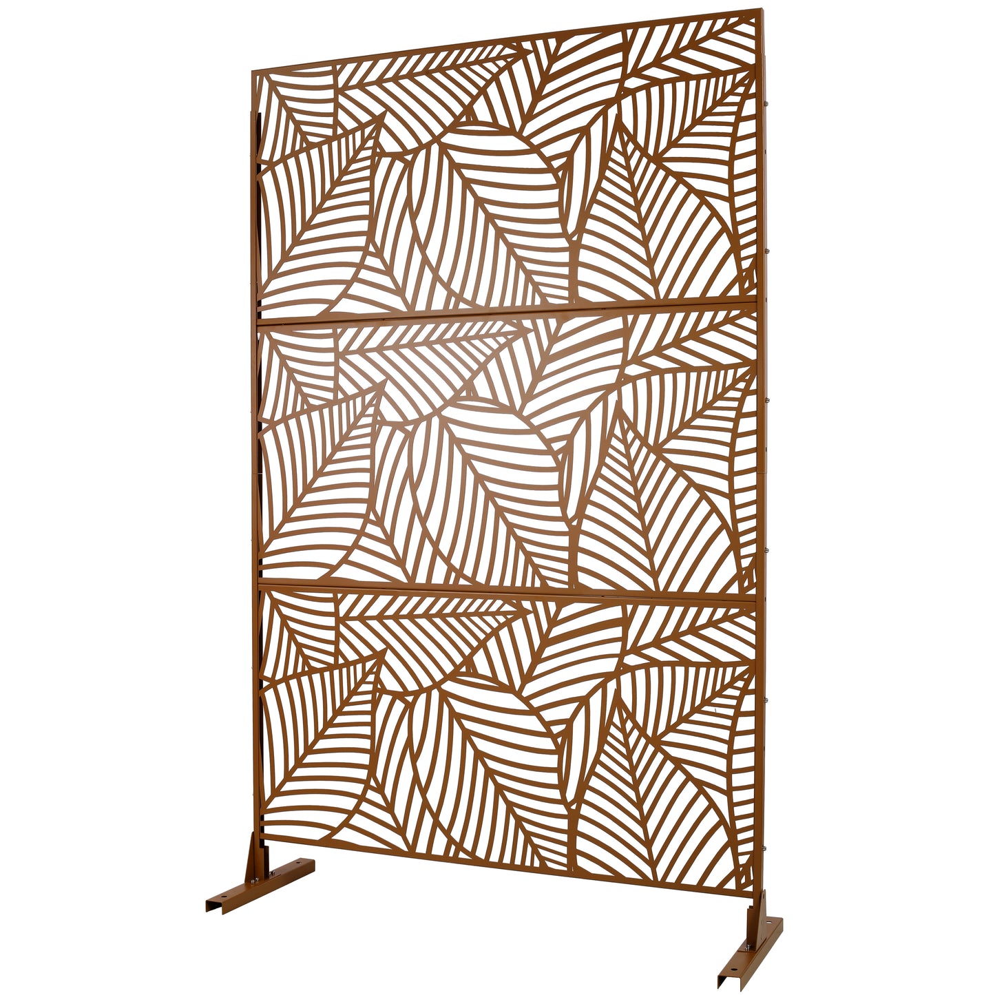 Brown metal garden screen with a repeating leaf pattern for outdoor privacy