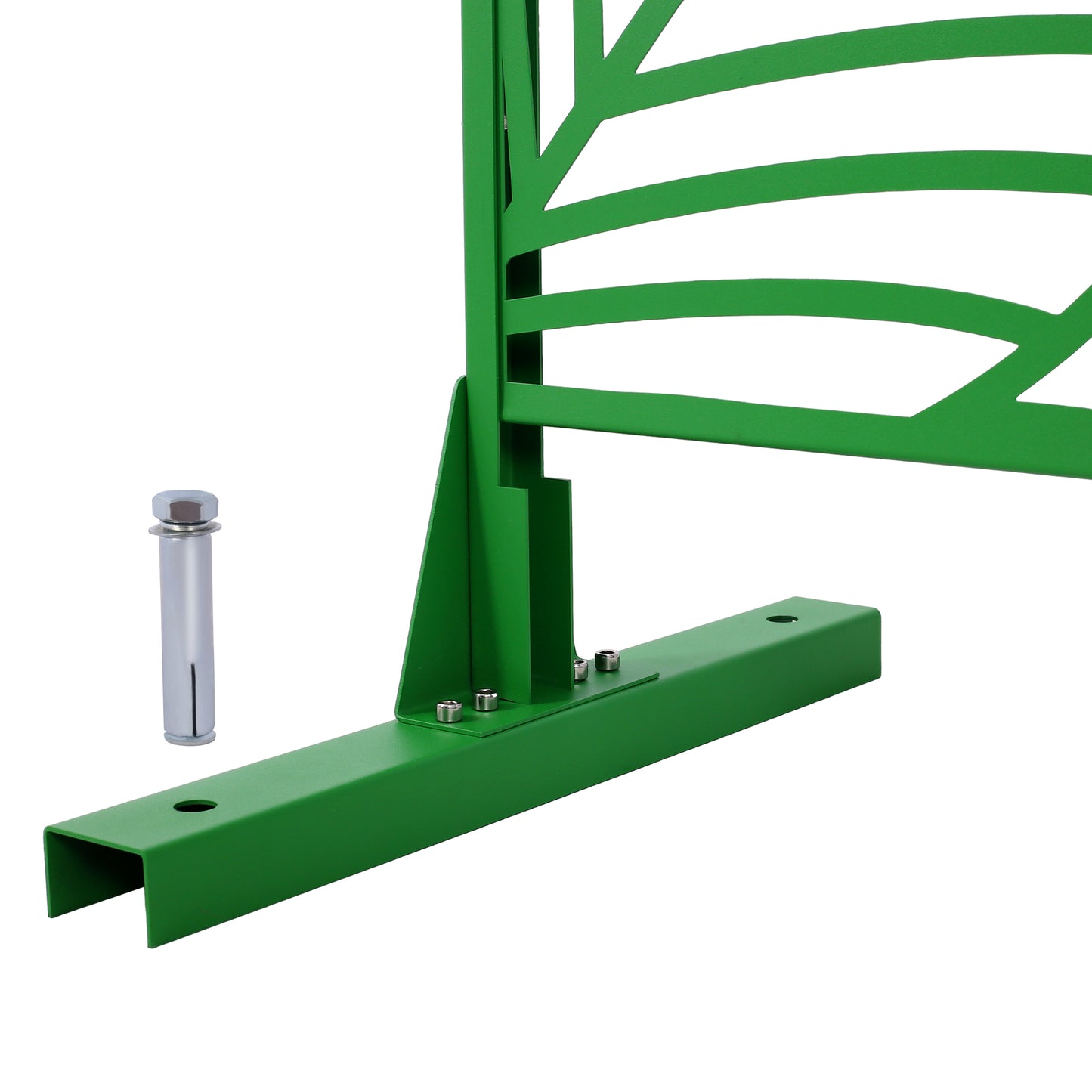 Green metal fence post with decorative leaf design and anchor bolt included