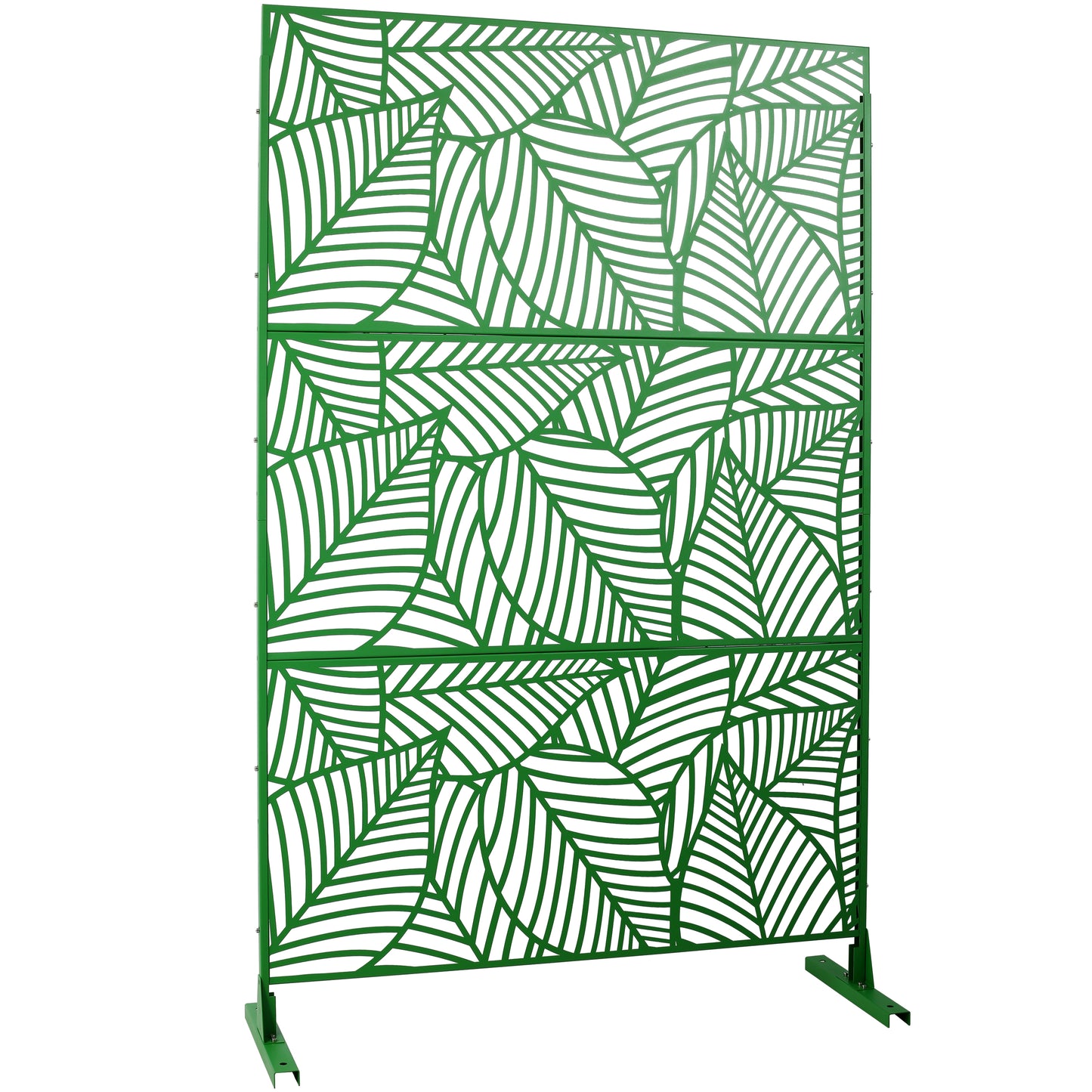 Decorative green metal garden screen with abstract leaf pattern for outdoor privacy