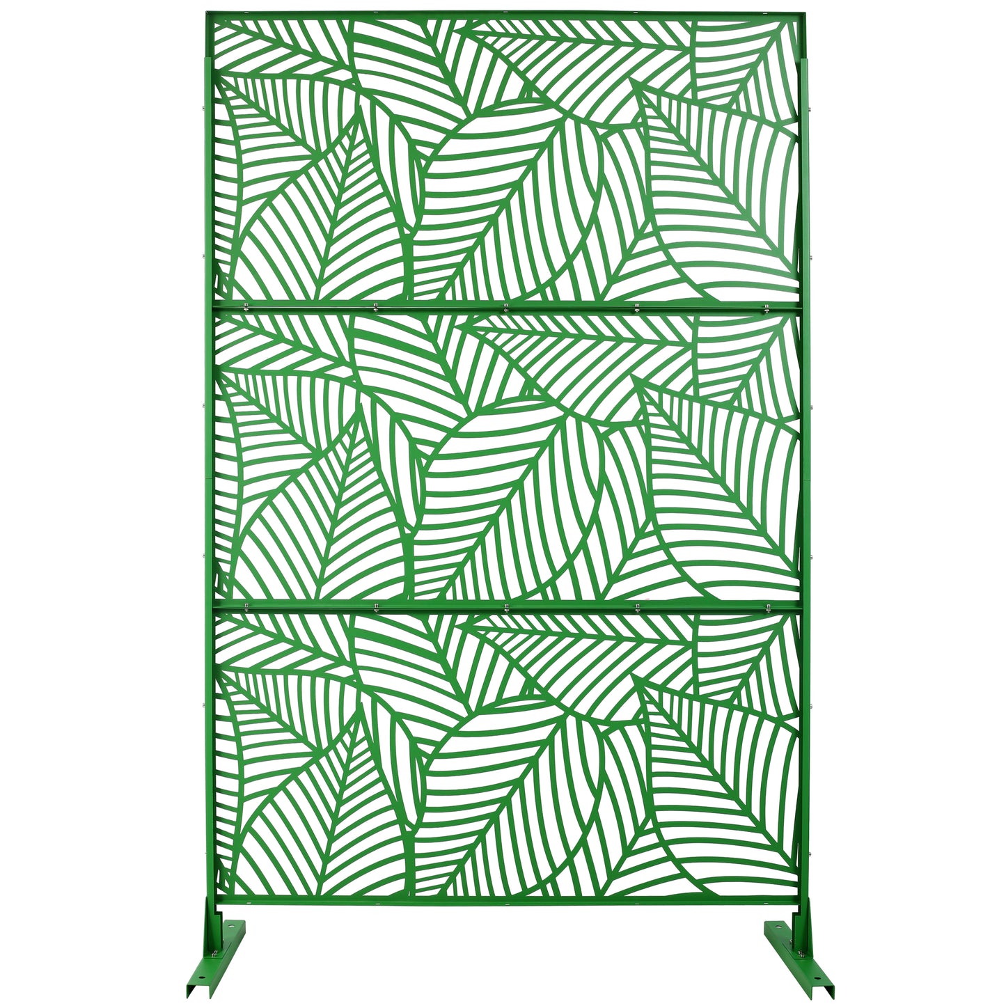 Green metal garden screen with intricate leaf pattern