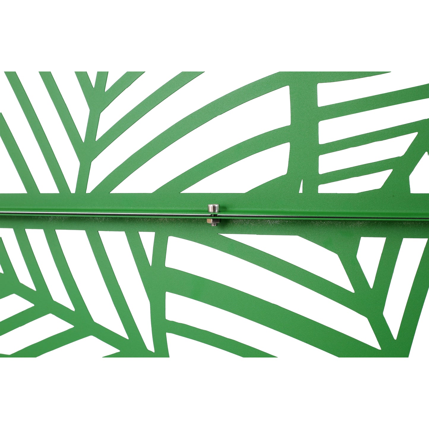 Green metal garden screen with leaf pattern and silver bolt