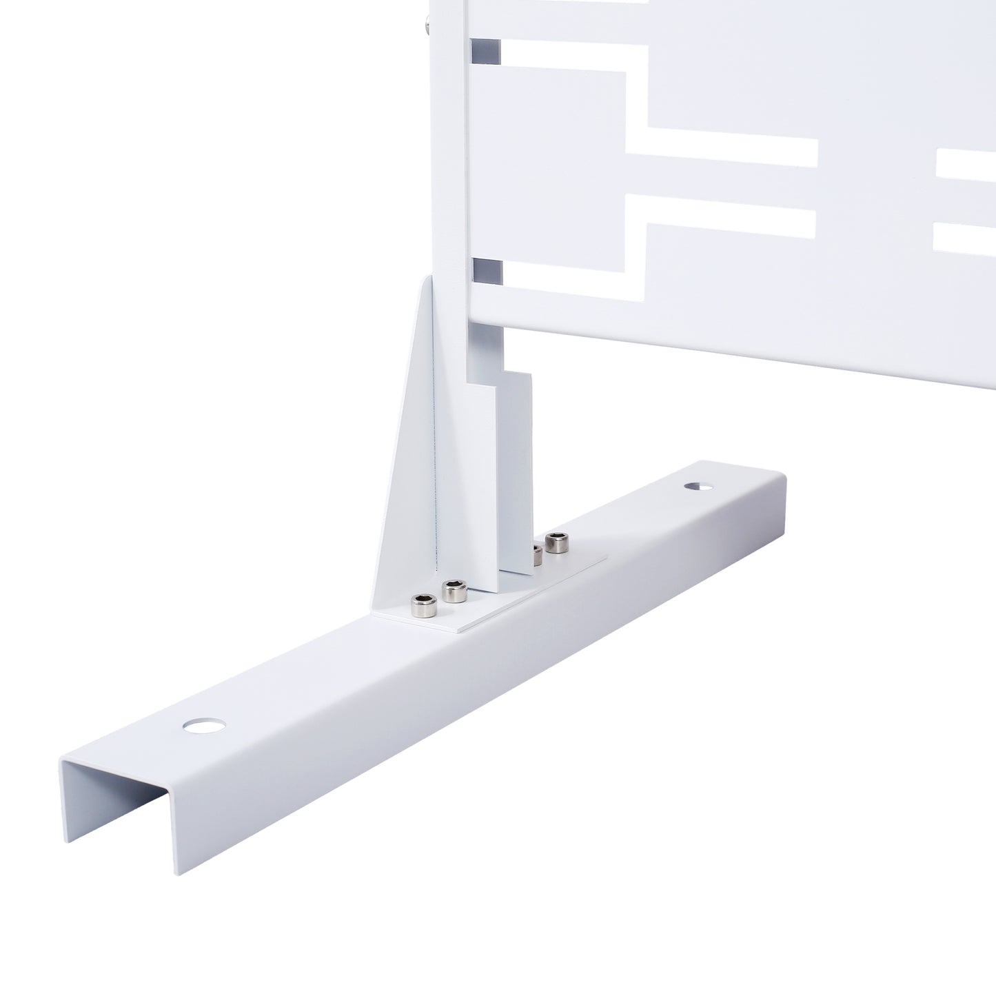 White metal decorative screen with geometric cutouts showing its sturdy base and mounting bracket