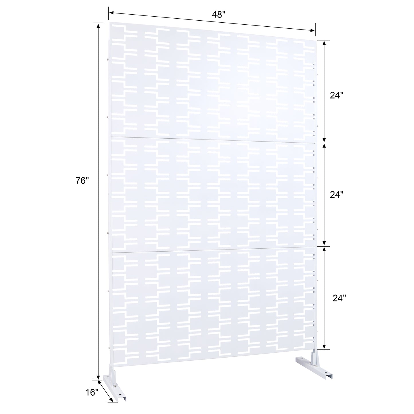 White metal room divider screen with a modern geometric pattern inches tall