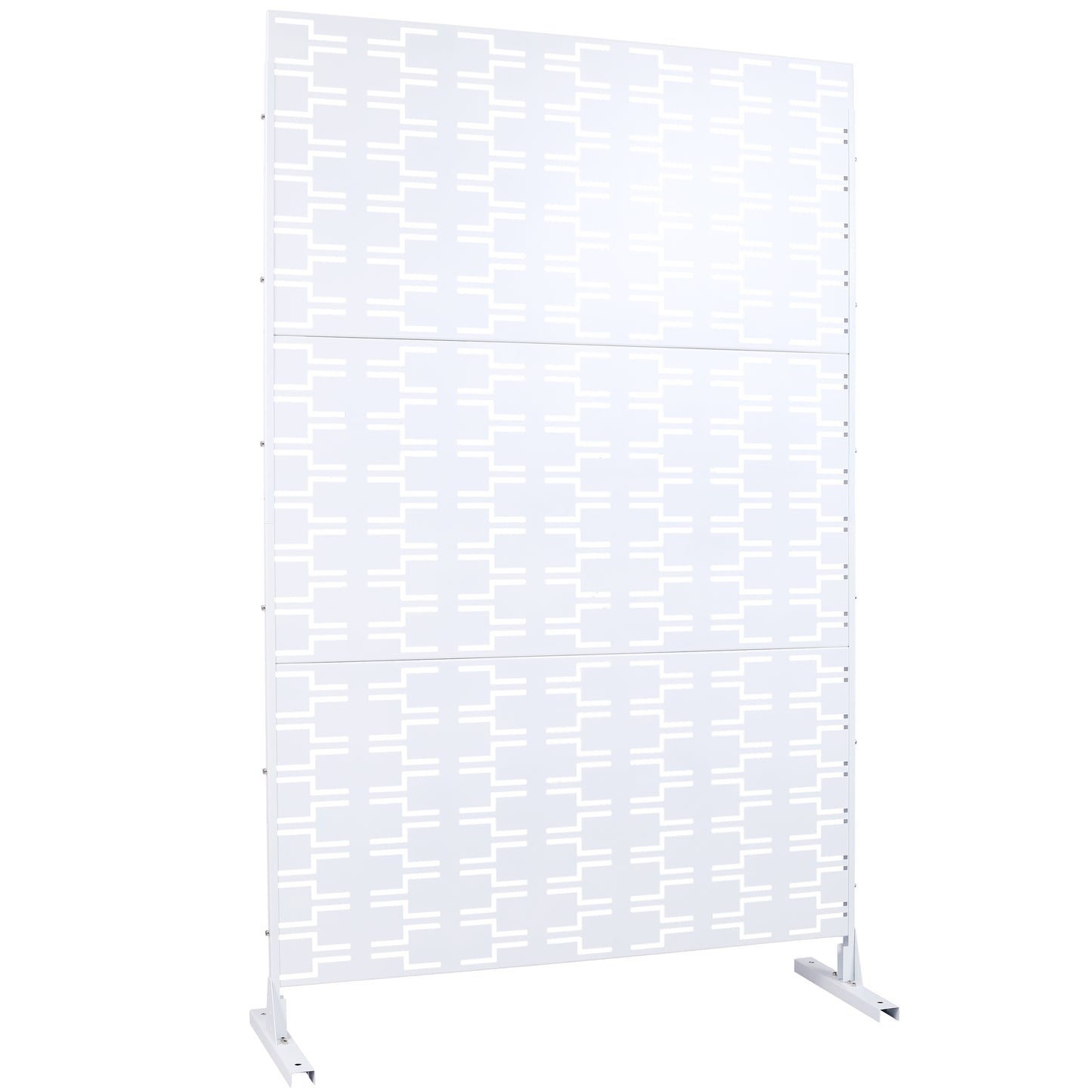 White metal room divider with a geometric cutout pattern modern design