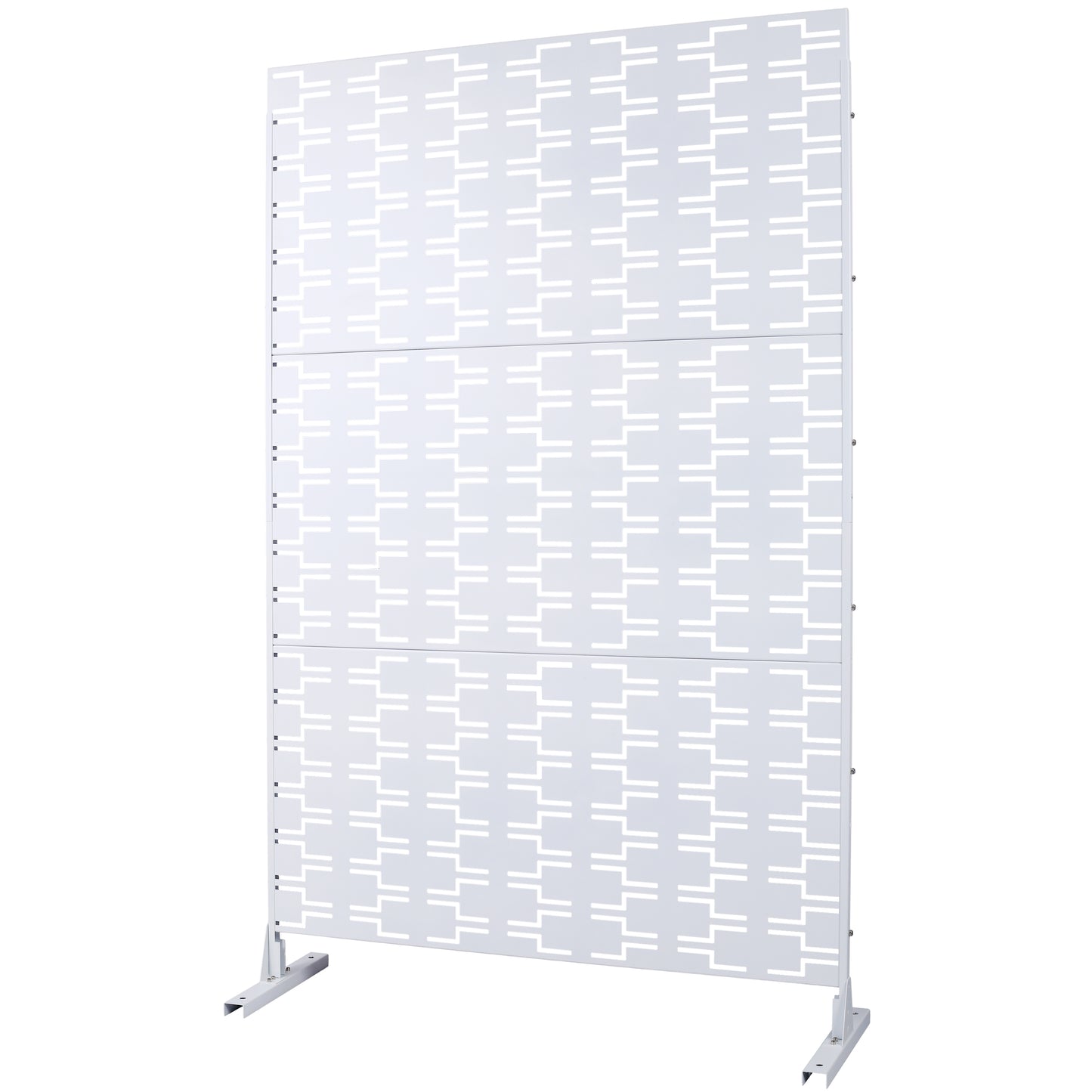 White metal room divider with geometric cutouts three panels modern design