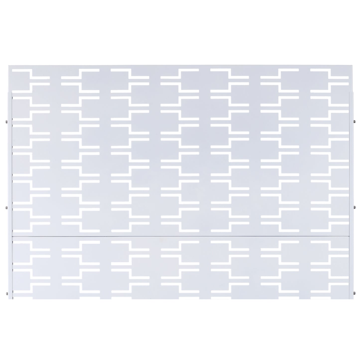 Modern white geometric metal screen with repeating horizontal and vertical cutouts