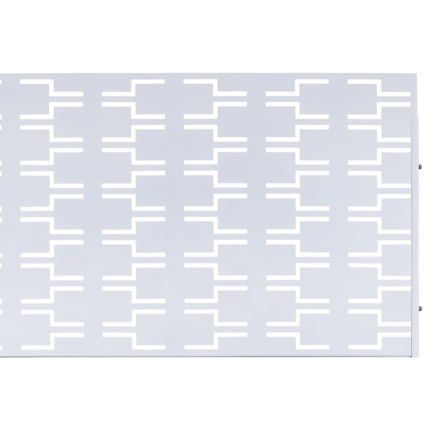 White metal decorative screen panel with a geometric pattern of interlocking L shapes ideal for privacy screens