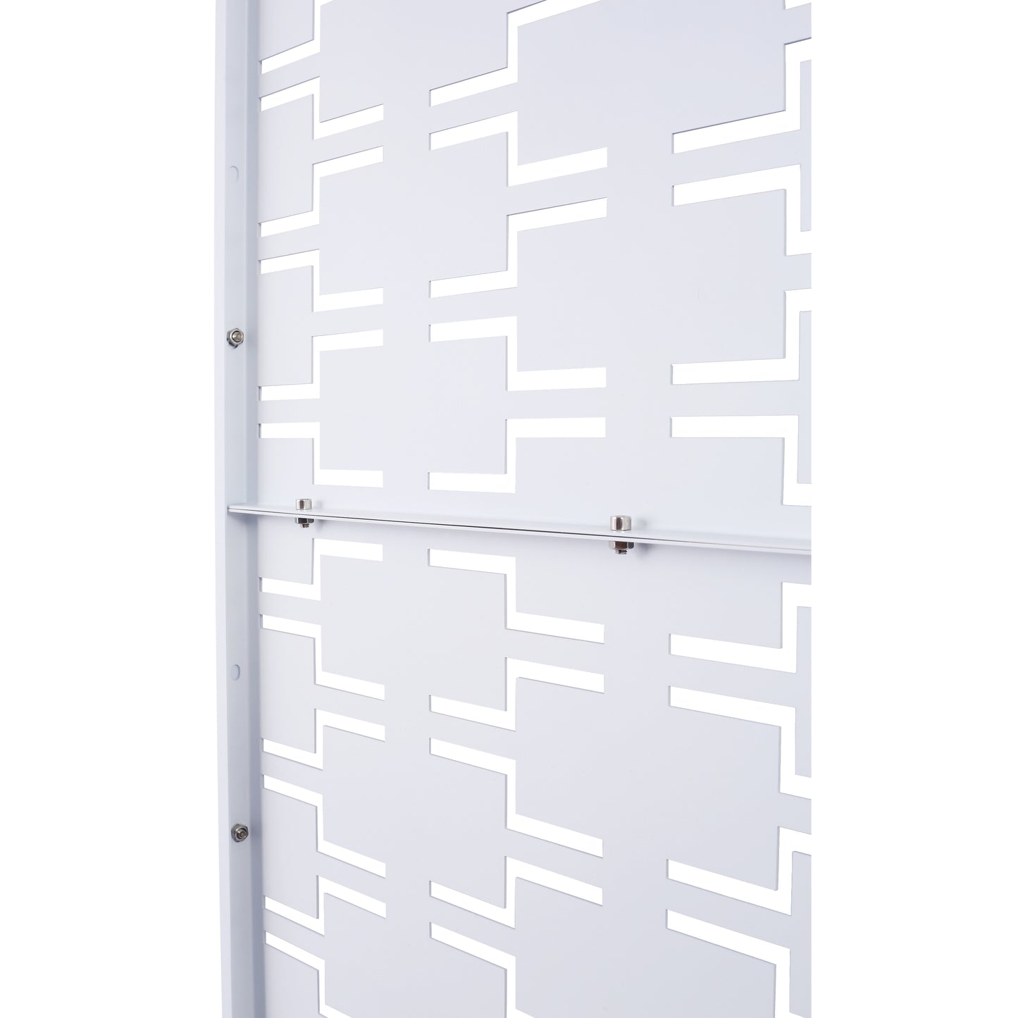 Modern white metal room divider with geometric cutouts ideal for creating distinct living spaces