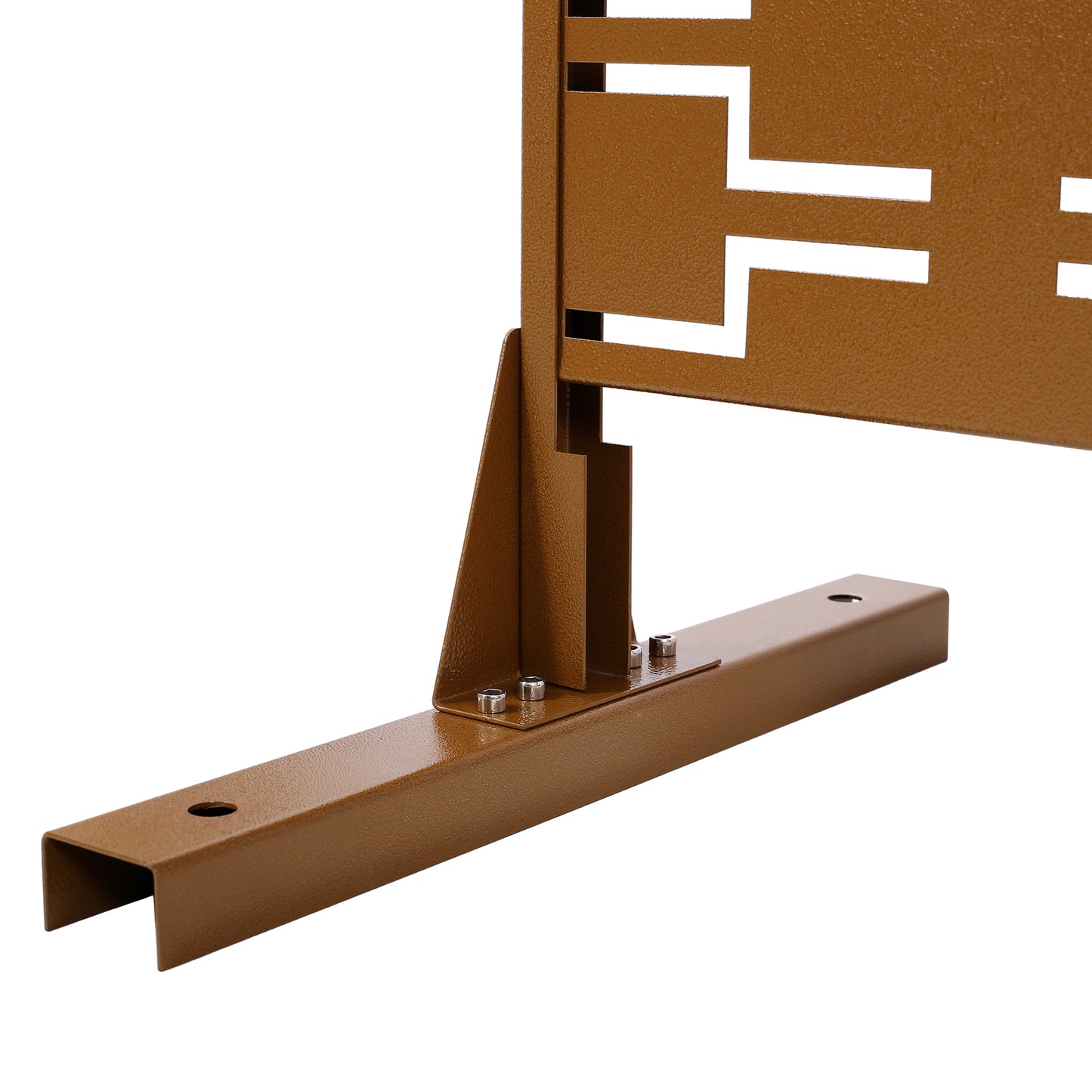 Bronze metal fence panel with geometric cutout pattern and base support