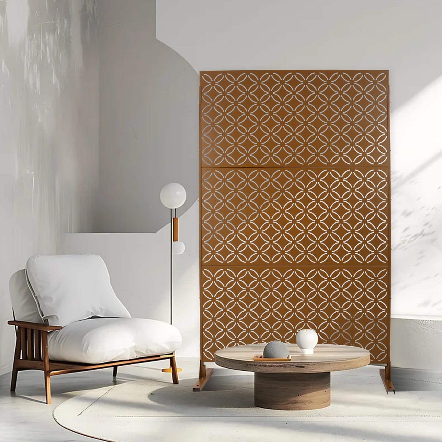 Decorative metal room divider screen with intricate geometric pattern in bronze finish