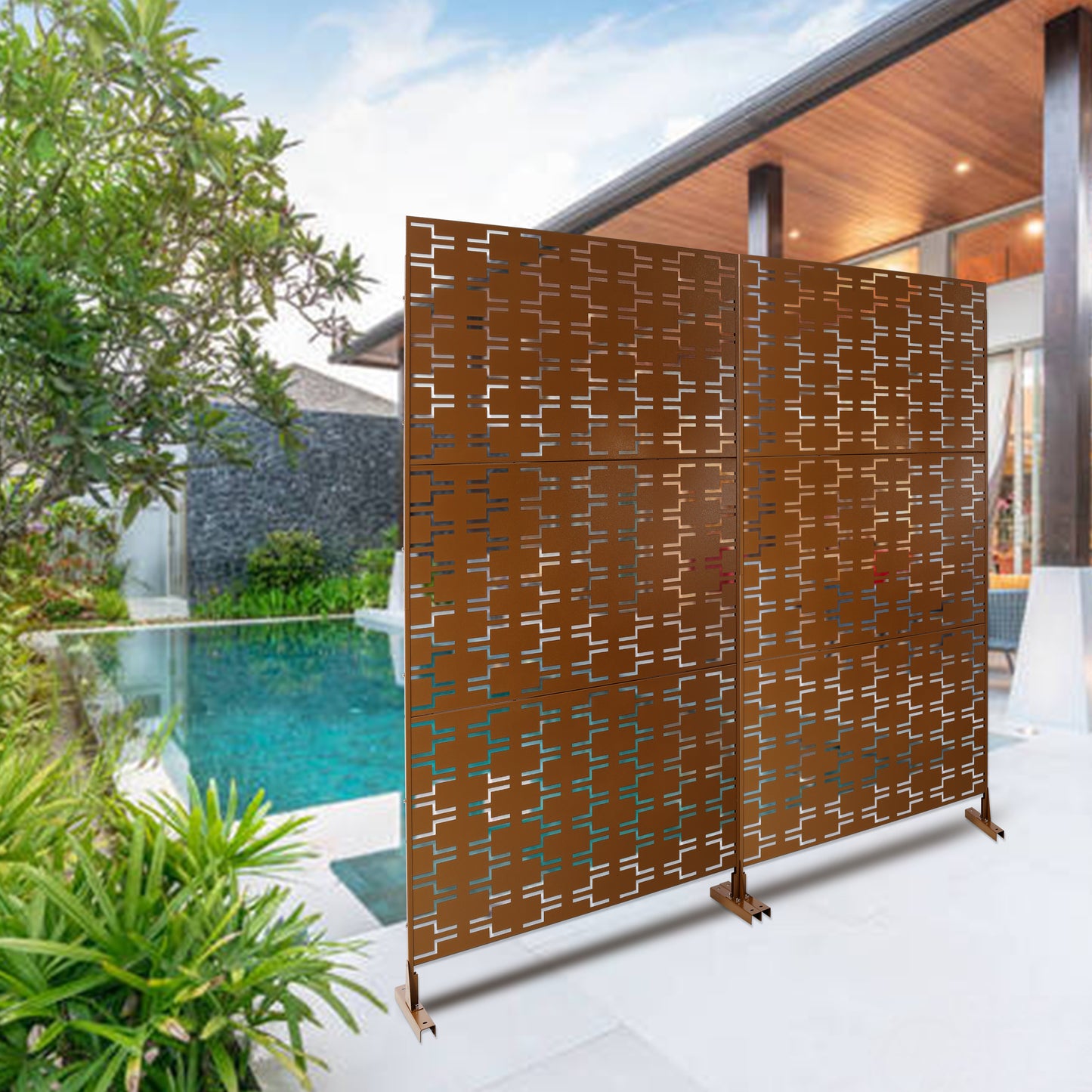 Brown metal privacy screen with geometric cutouts ideal for patios