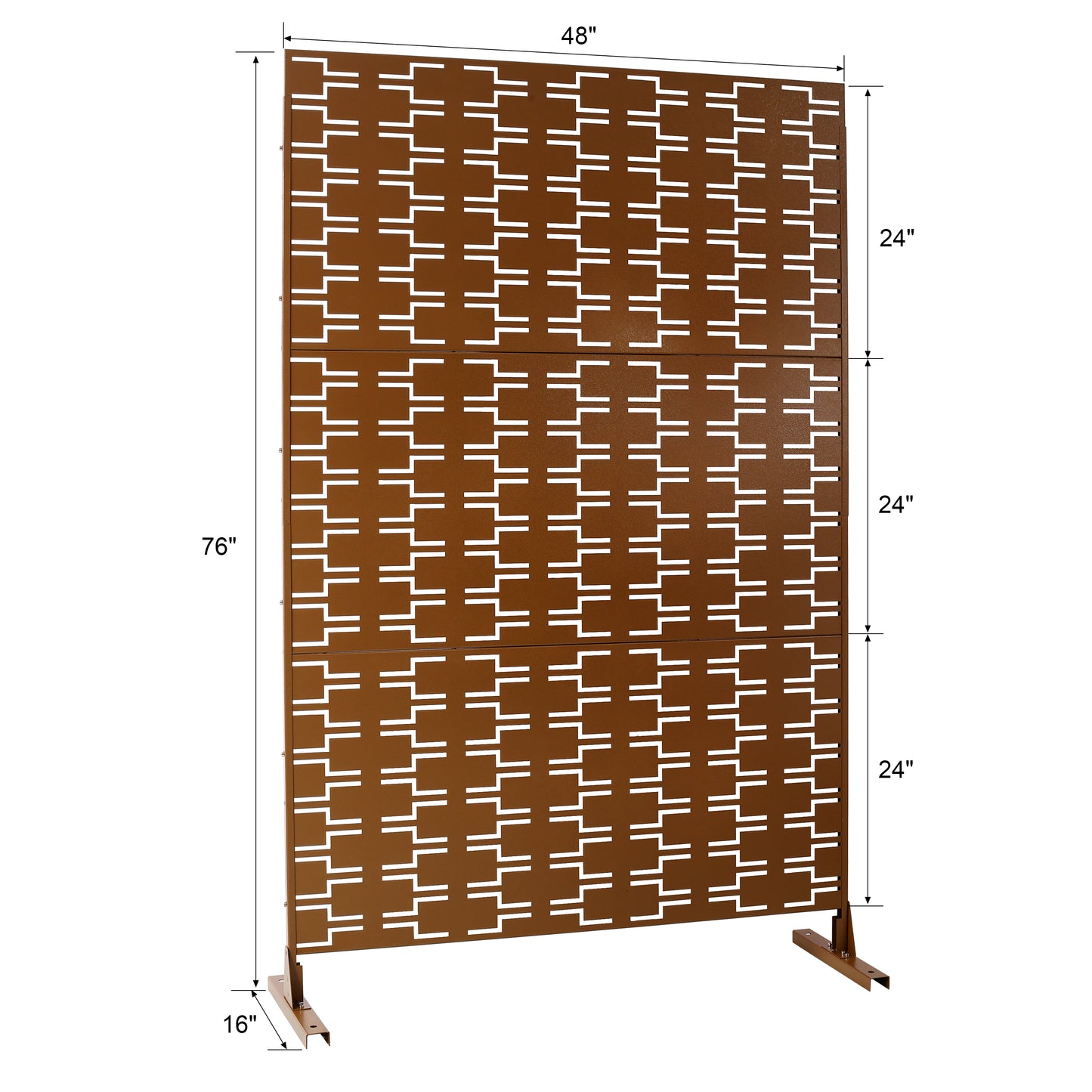 Bronze metal decorative screen with geometric cutouts for outdoor privacy