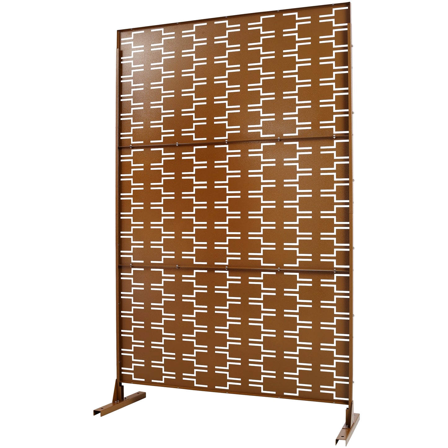 Bronze metal privacy screen with abstract cutout pattern ideal for garden decor