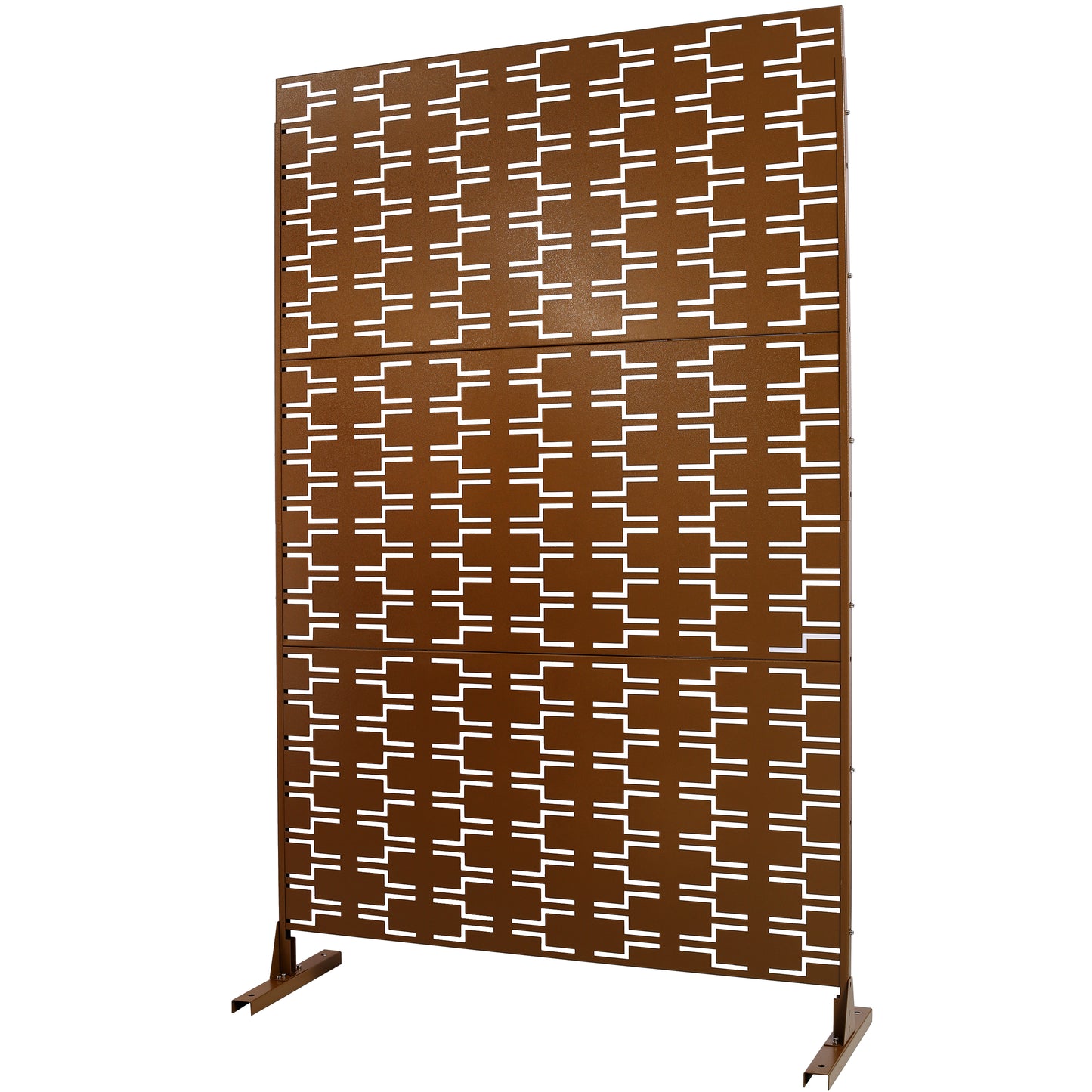 Bronze metal garden screen with modern geometric cutouts
