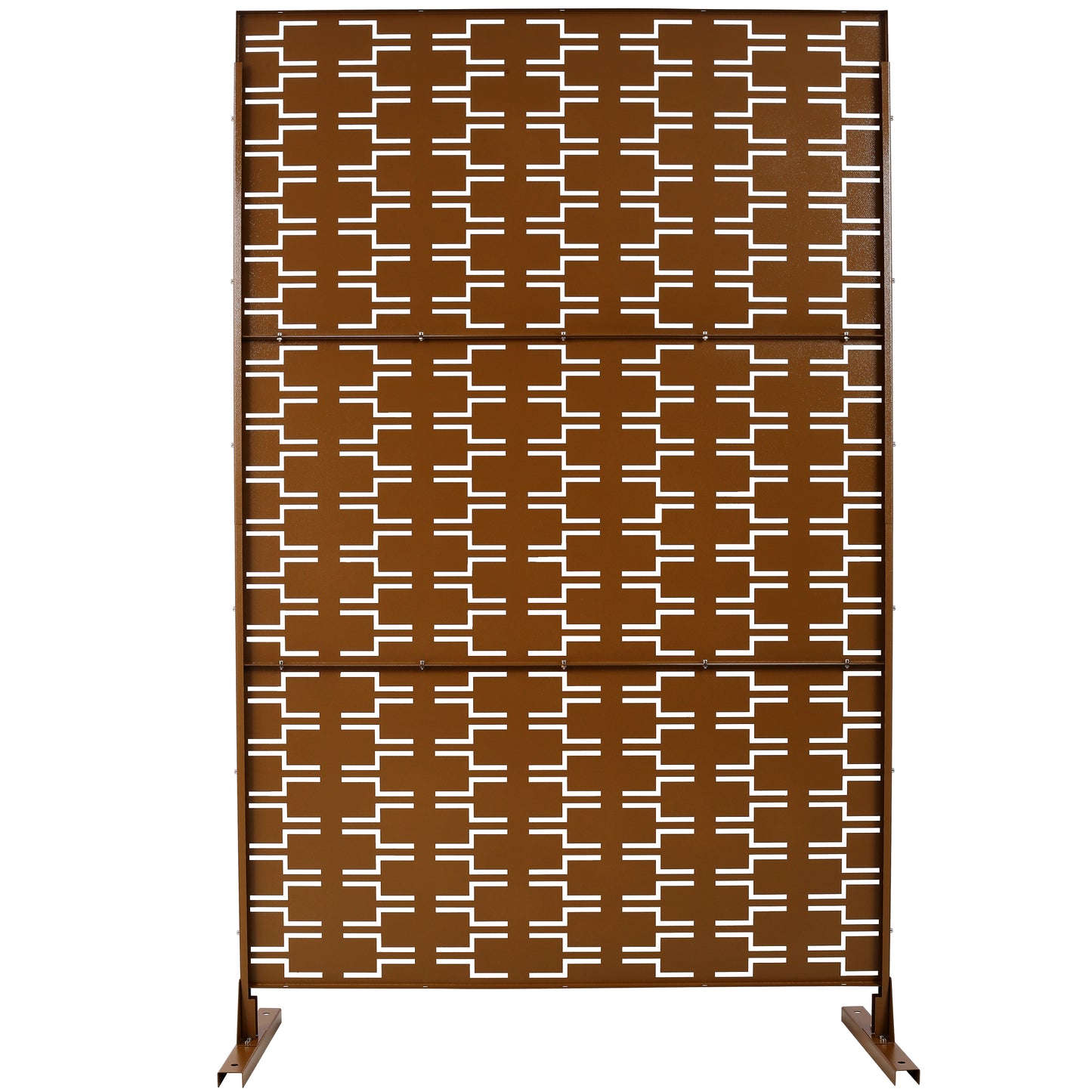Brown metal outdoor privacy screen with geometric cutouts and a modern design