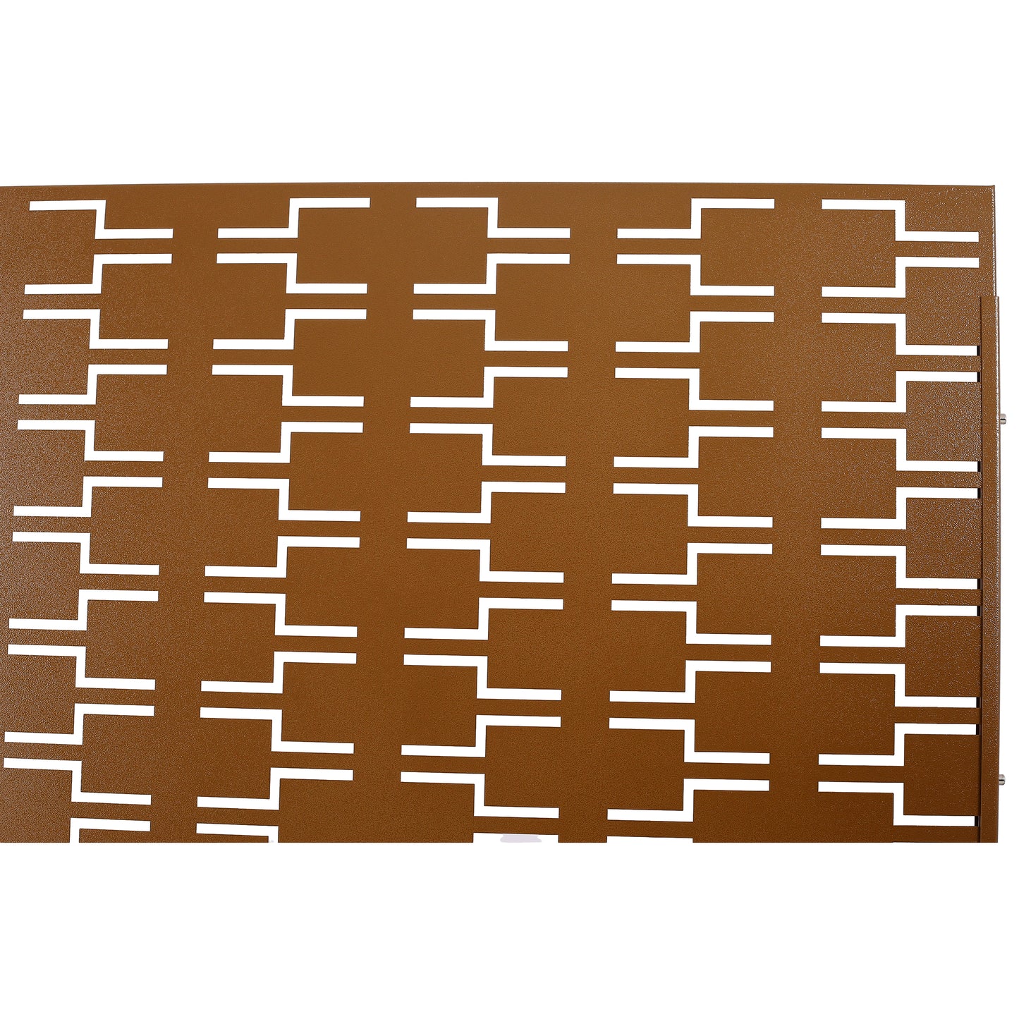 Brown metal garden screen with a geometric perforated pattern for privacy