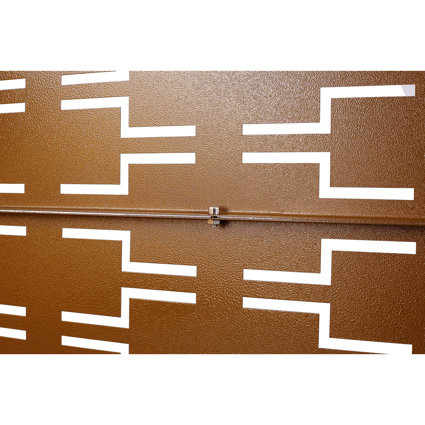 Textured bronze metal panel with geometric cutouts for ventilation