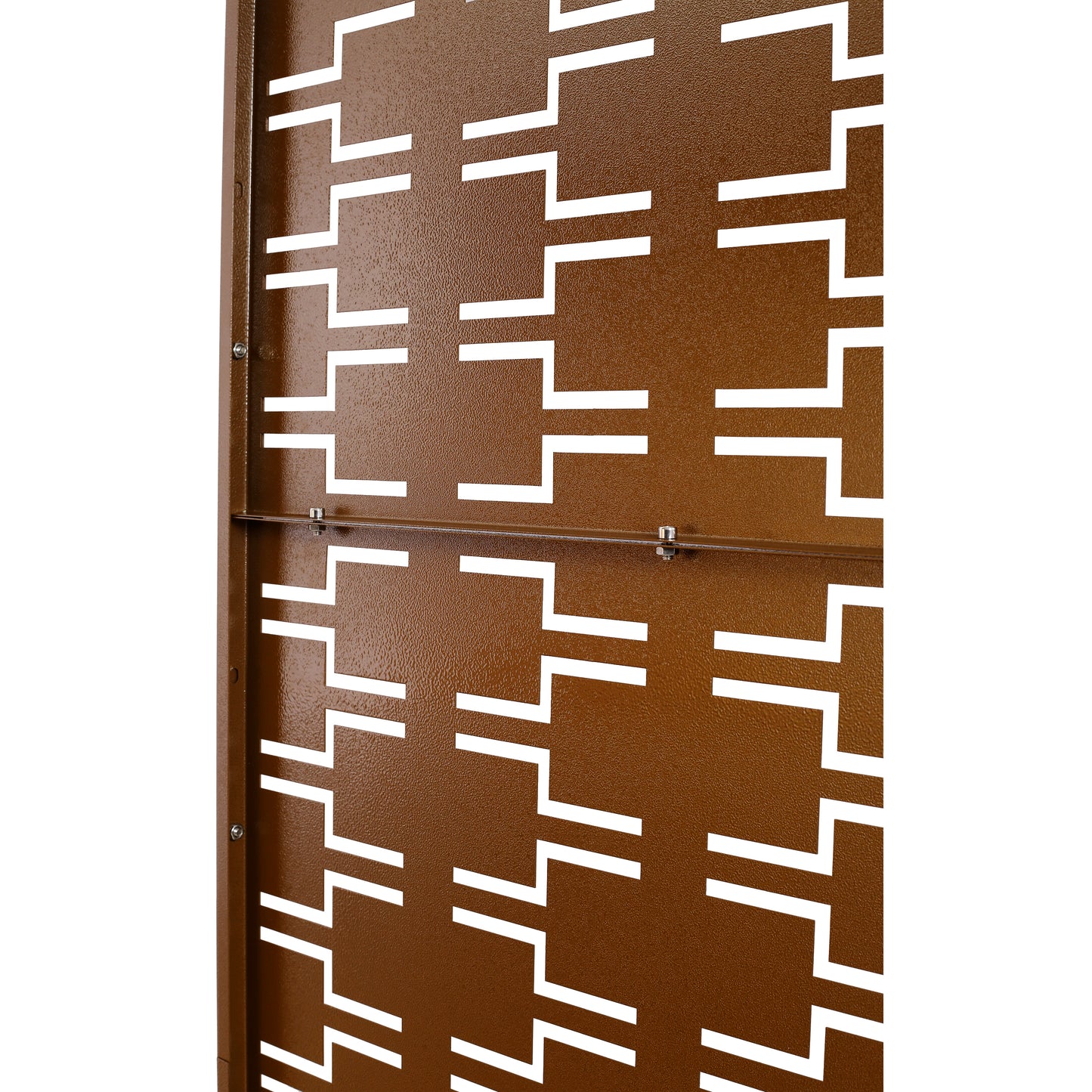 Closeup of a bronze metal decorative panel with a geometric cutout pattern ideal for privacy screens