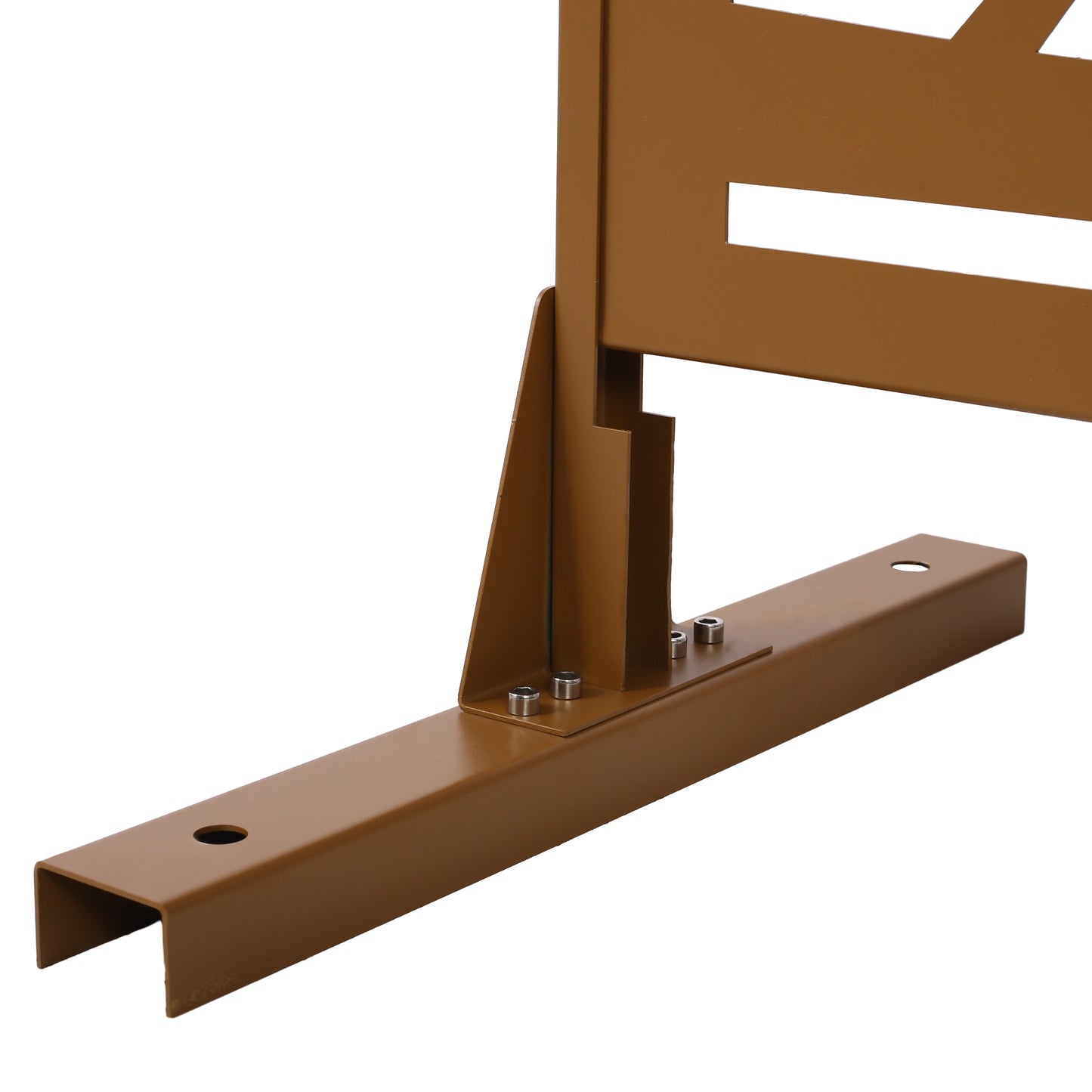 Bronze metal fence base with bolts for securing a decorative panel to the ground