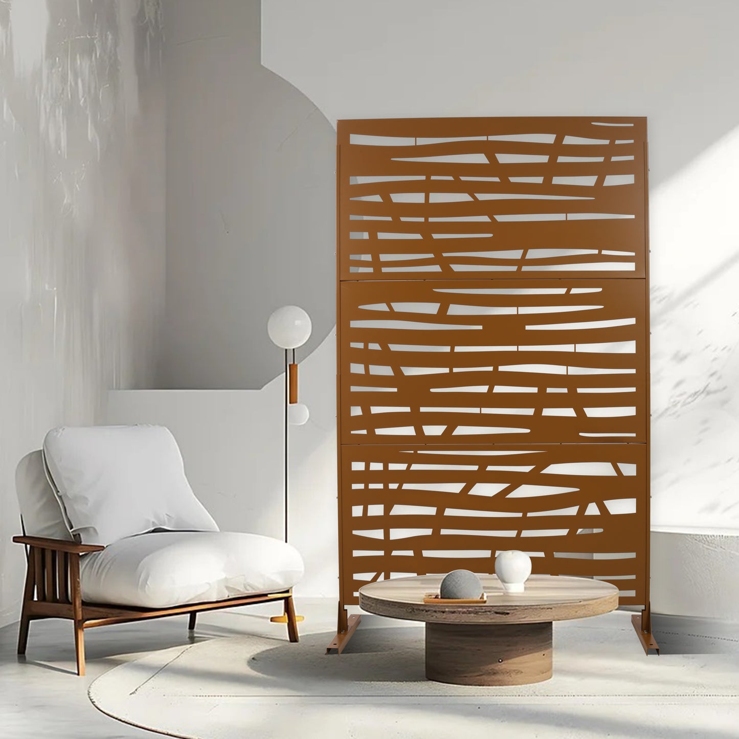 Rusty metal privacy screen with abstract horizontal cutouts for garden use