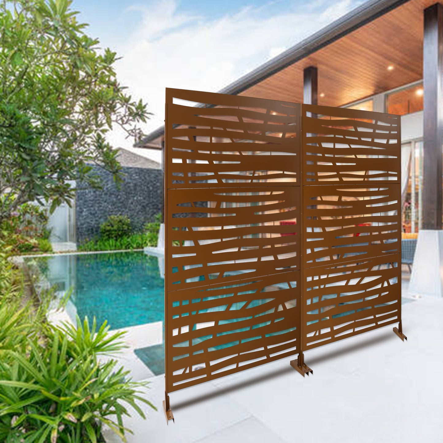 Bronze metal decorative garden screen with abstract linear pattern