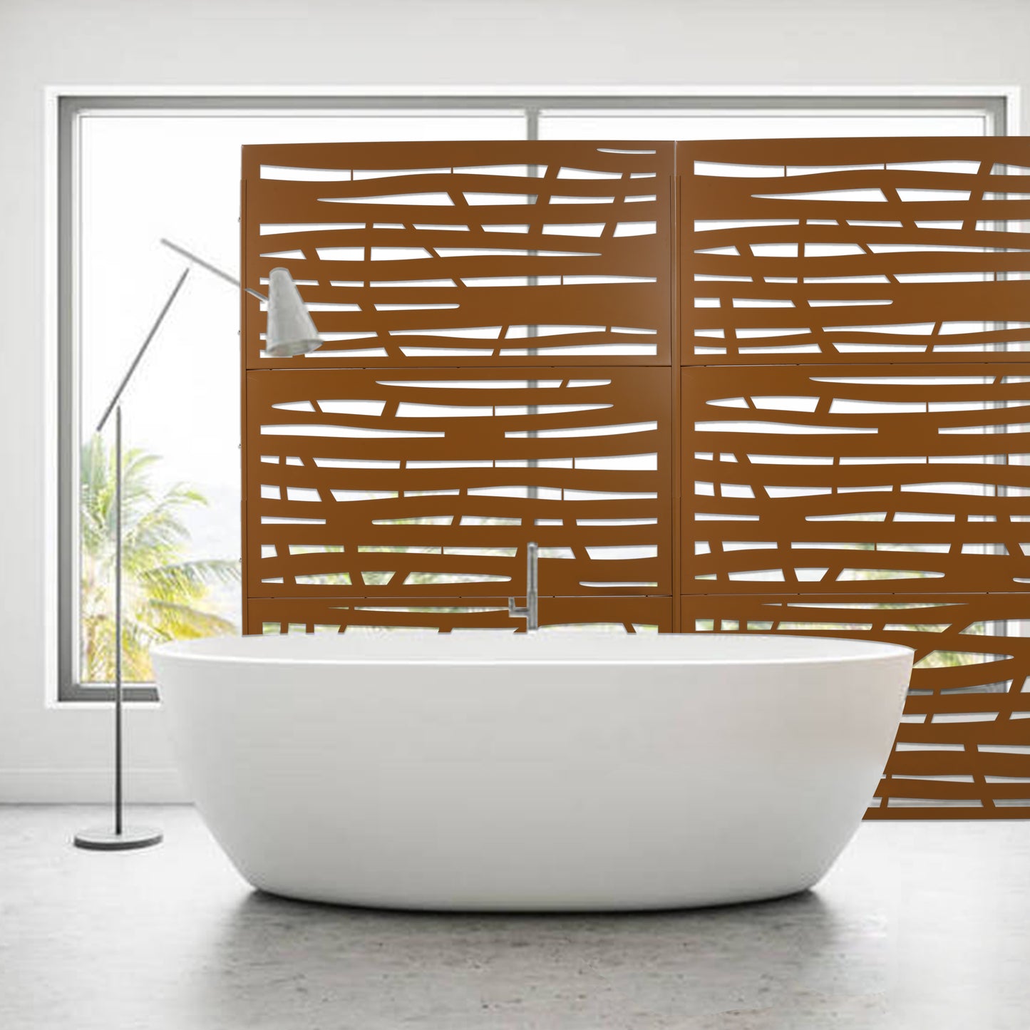 Modern copper decorative screen with abstract cutout pattern perfect for privacy