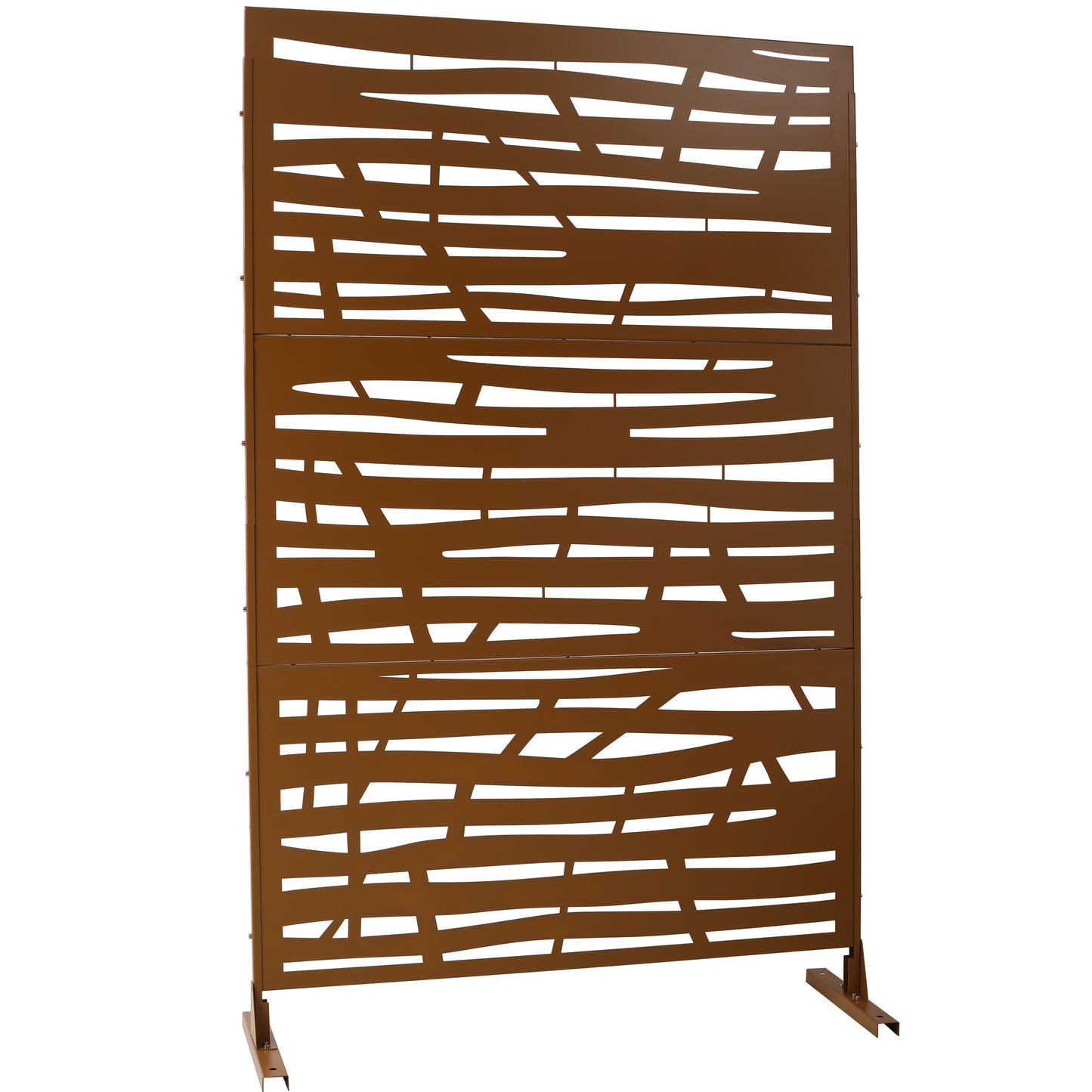 Rusty metal outdoor privacy screen with abstract cutout design