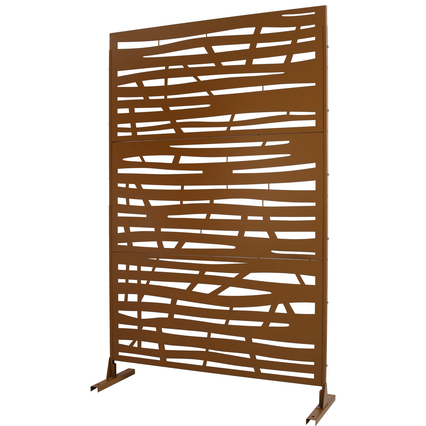 Modern bronze metal garden screen with abstract horizontal cutouts for outdoor privacy