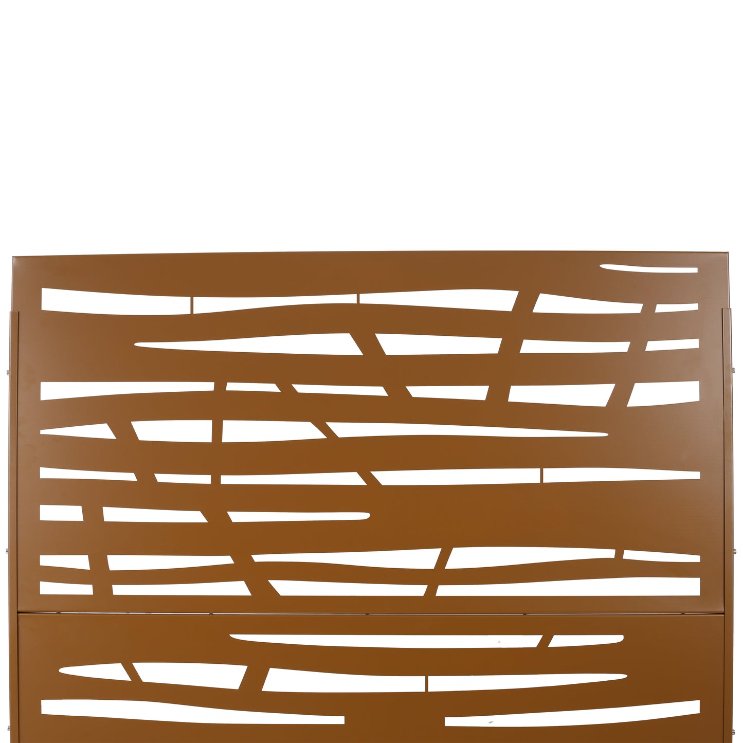 Brown metal privacy screen with abstract cutout design for patios