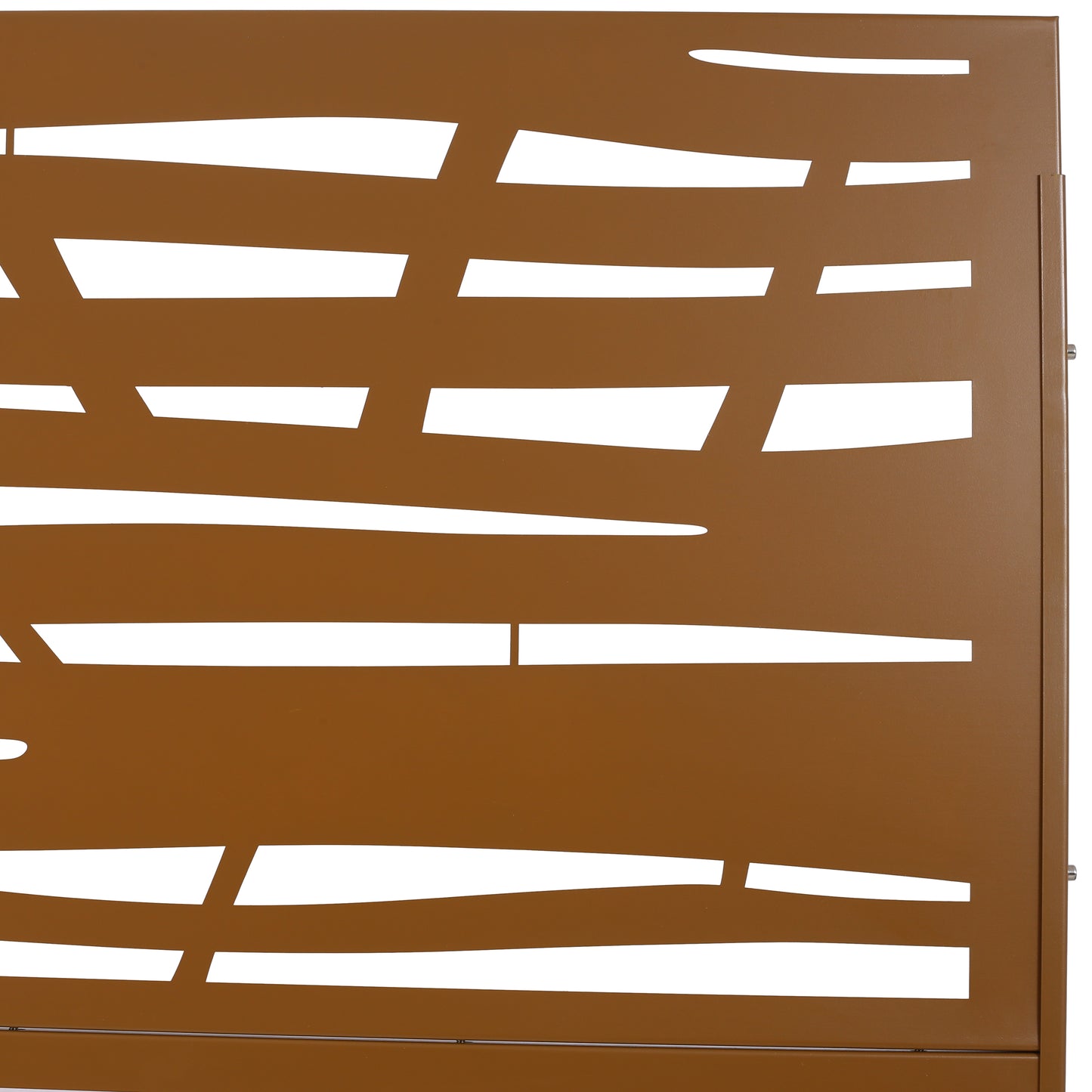 Modern brown metal privacy screen with abstract cutouts for garden patios