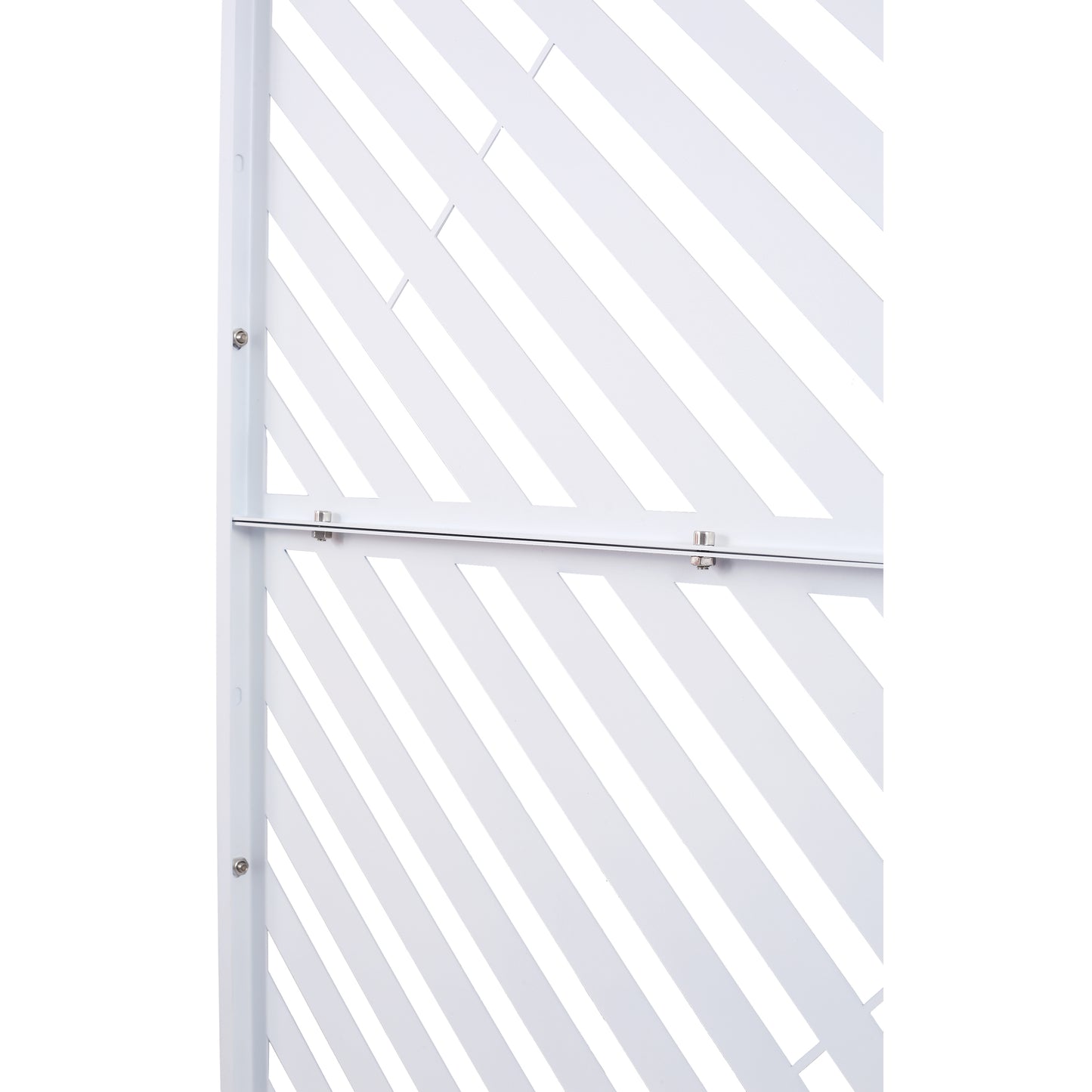 Modern white metal privacy screen with diagonal slats for outdoor patios