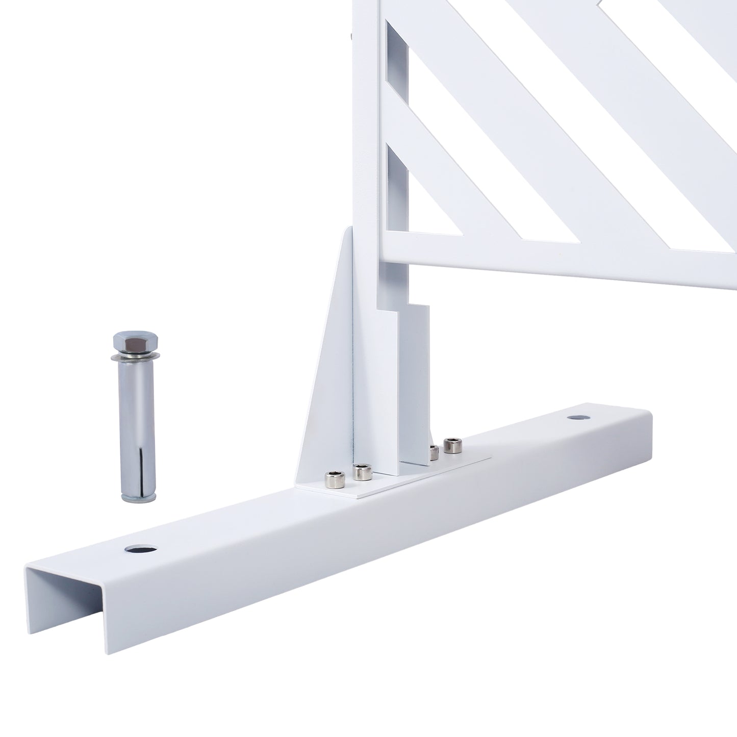 White metal gate post bracket with securing bolts and wall anchor offering sturdy support