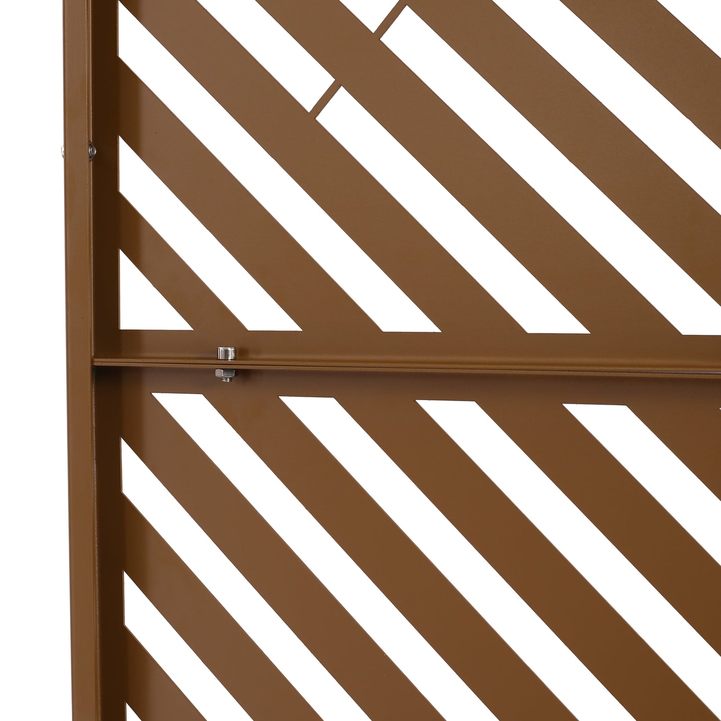 Brown metal privacy screen with diagonal slats for outdoor patios