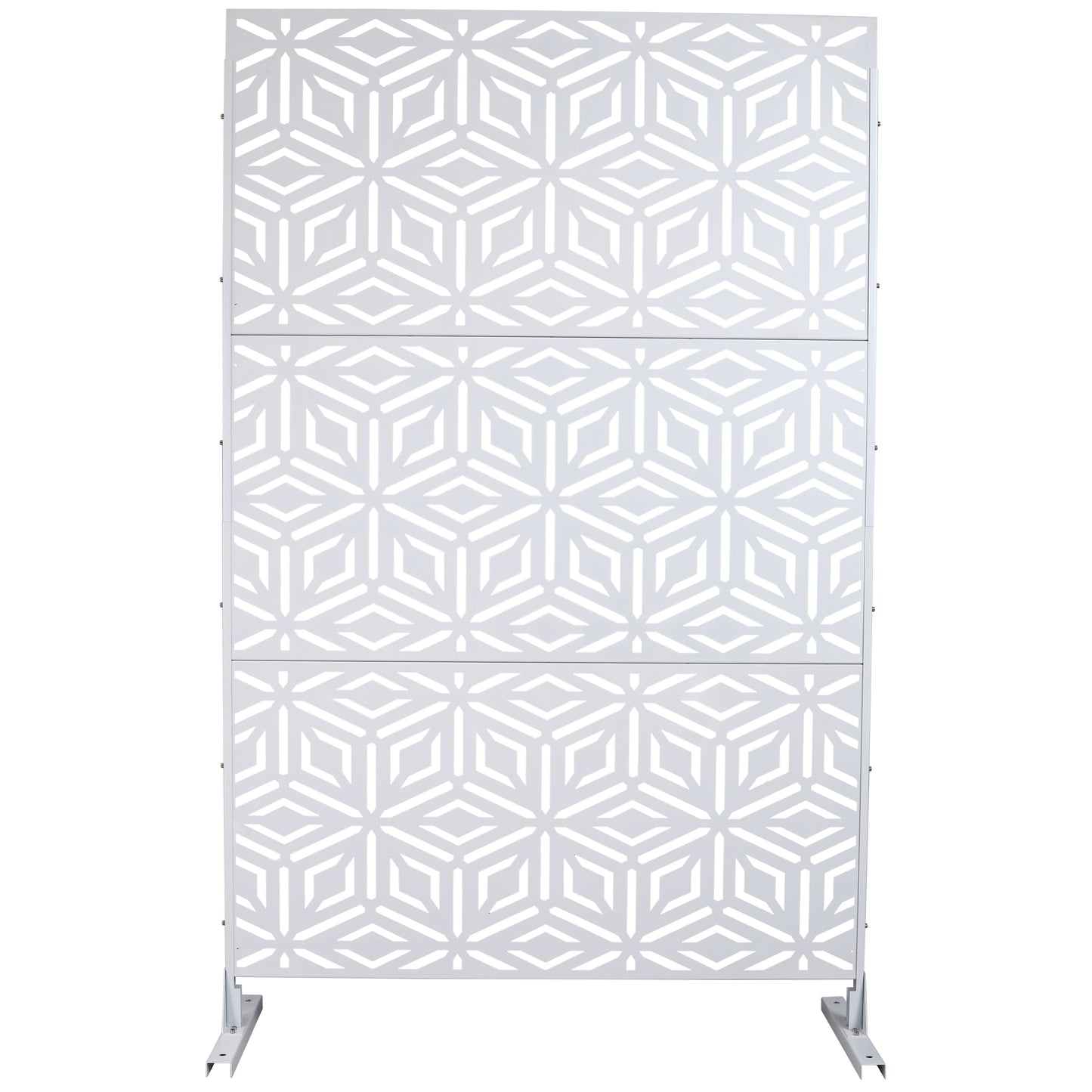 Modern white metal privacy screen with geometric pattern for garden use