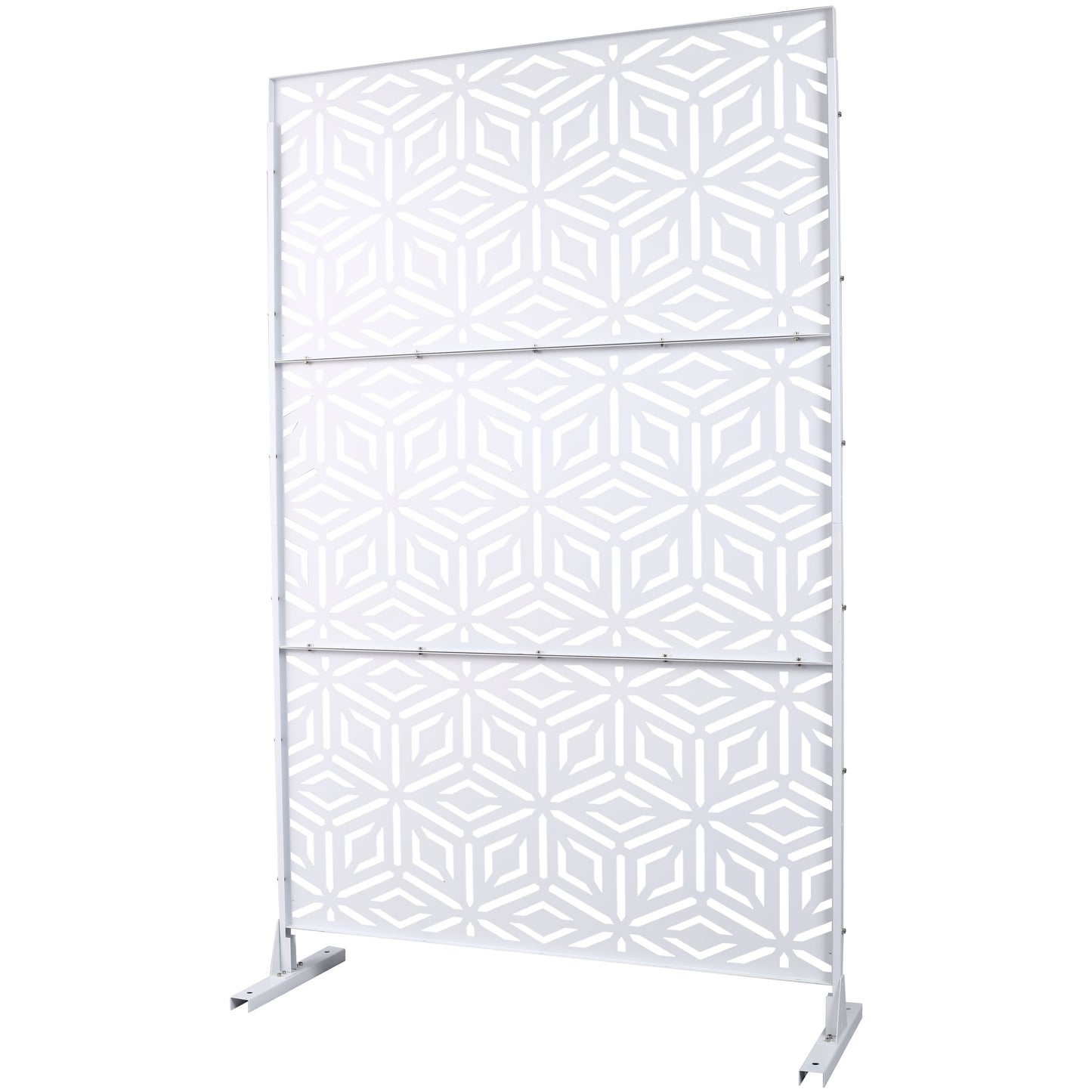 White geometric pattern room divider screen with metal frame