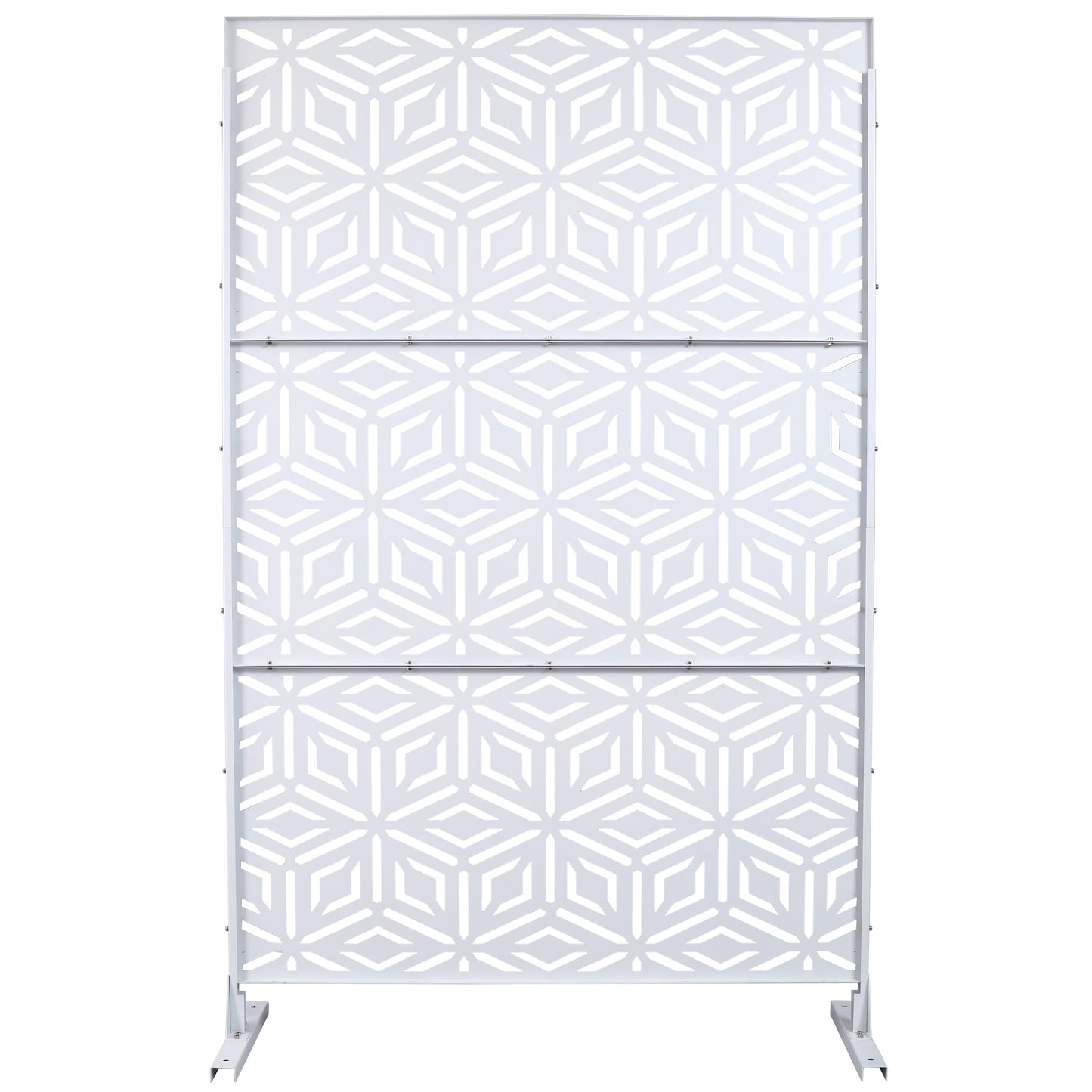 White outdoor privacy screen with geometric pattern for garden use
