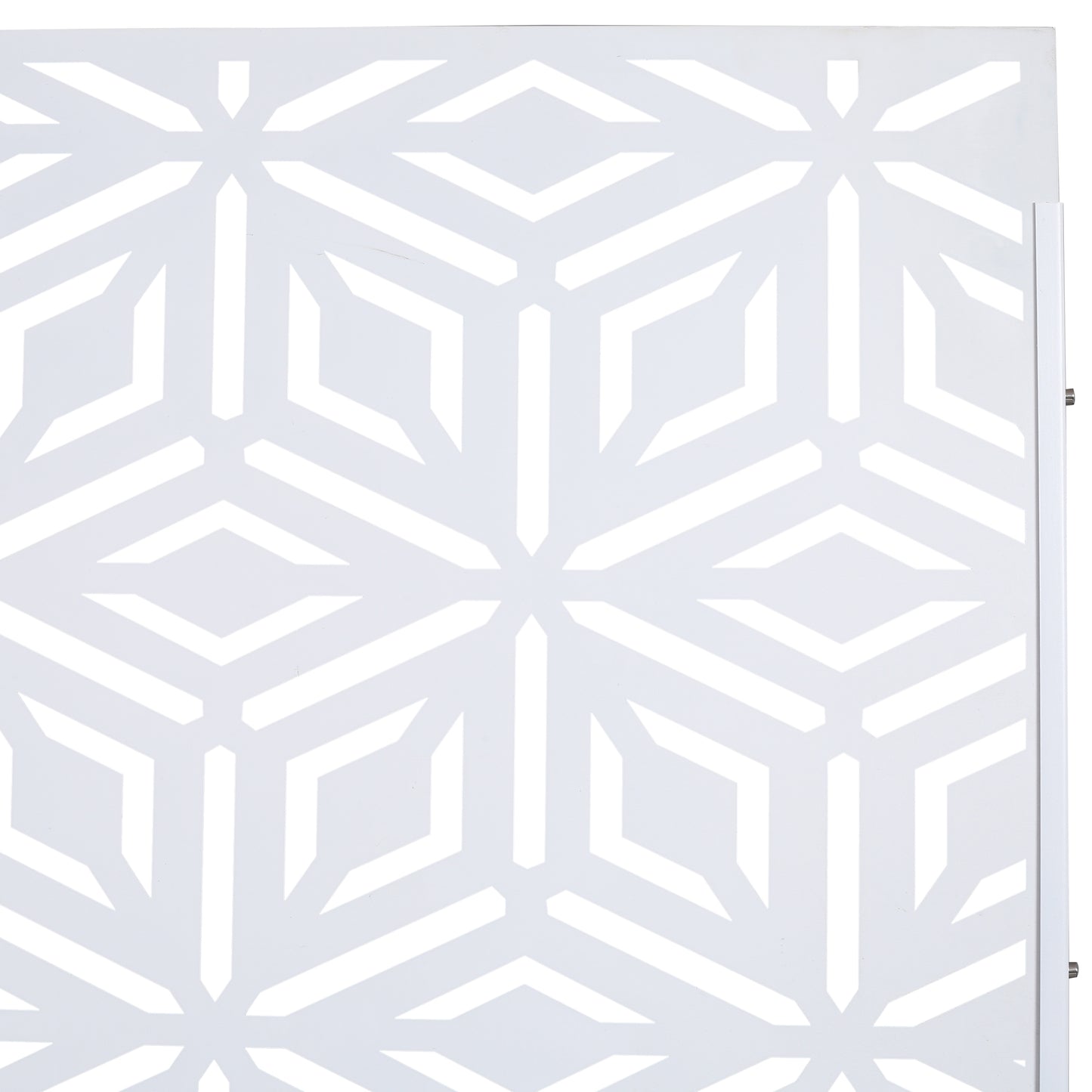 White geometric patterned metal screen with interlocking hexagon design