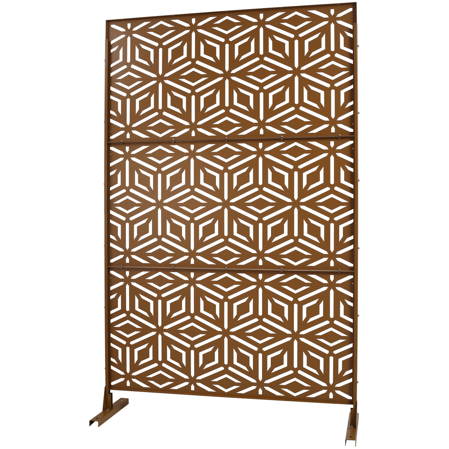 Brown metal garden screen with geometric interlocking hexagon pattern