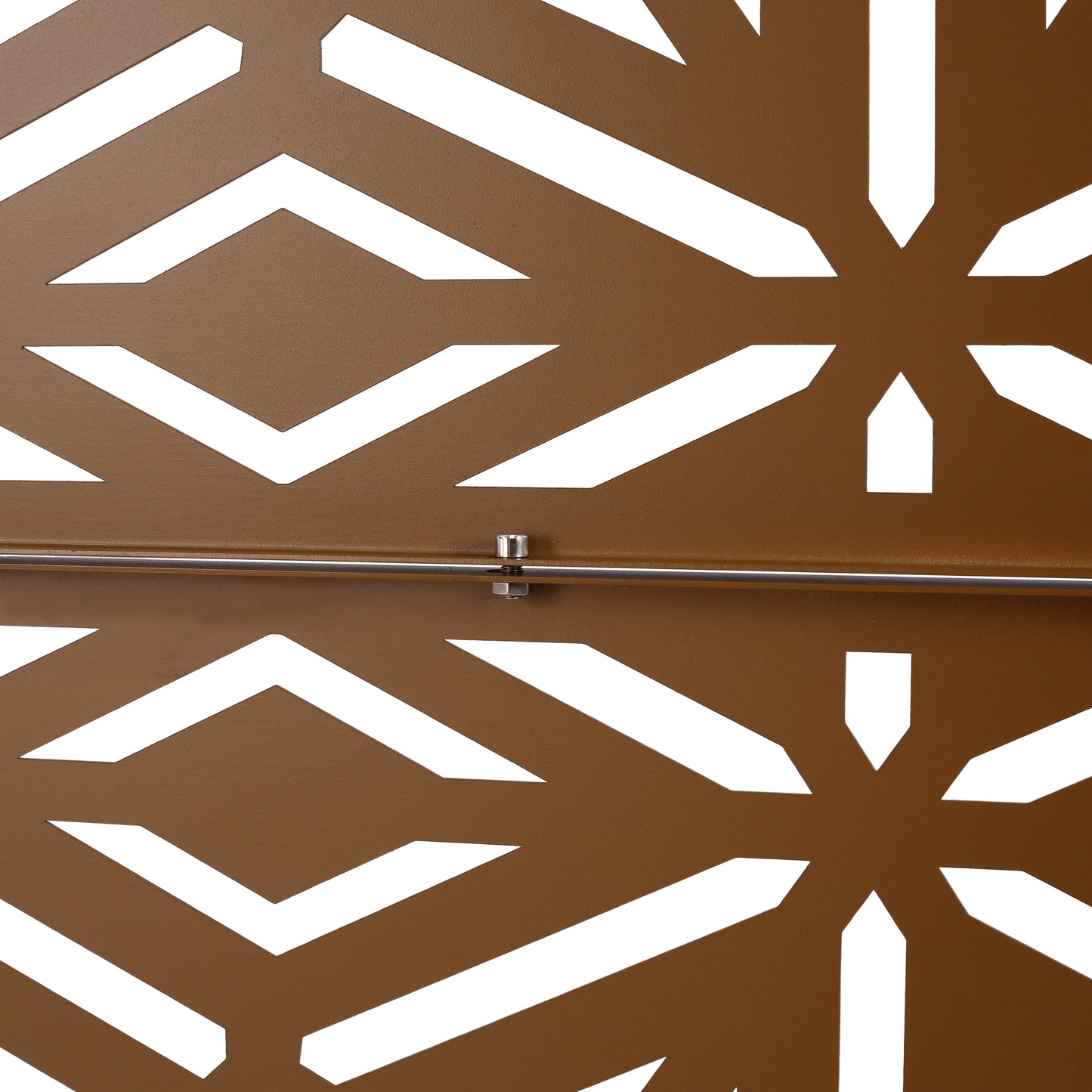 Bronze metal privacy screen with geometric cutout pattern