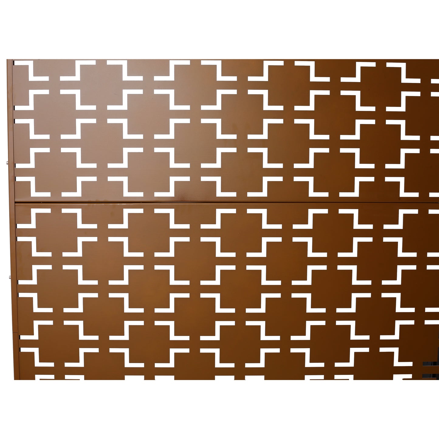Brown metal privacy screen panel with a geometric lattice cutout pattern